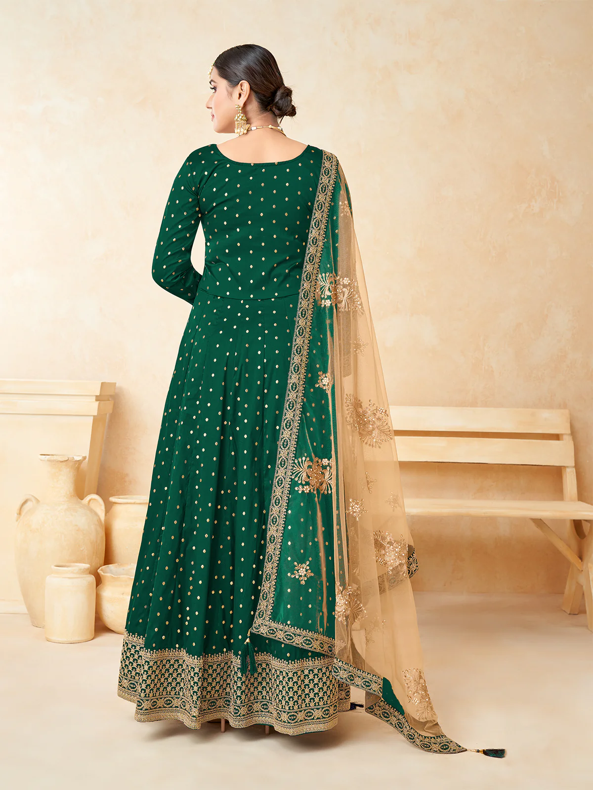 Odette Green Tafeta Embroidered Semi stitched Kurta Set For Women - Image 3