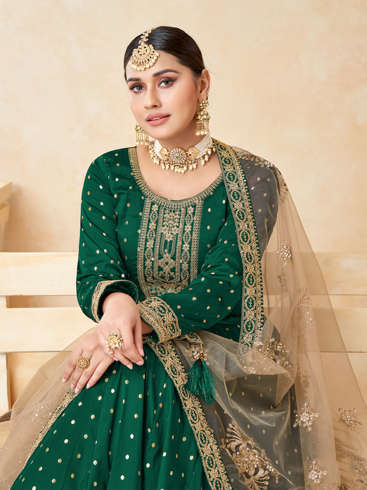 Odette Green Tafeta Embroidered Semi stitched Kurta Set For Women - Image 4