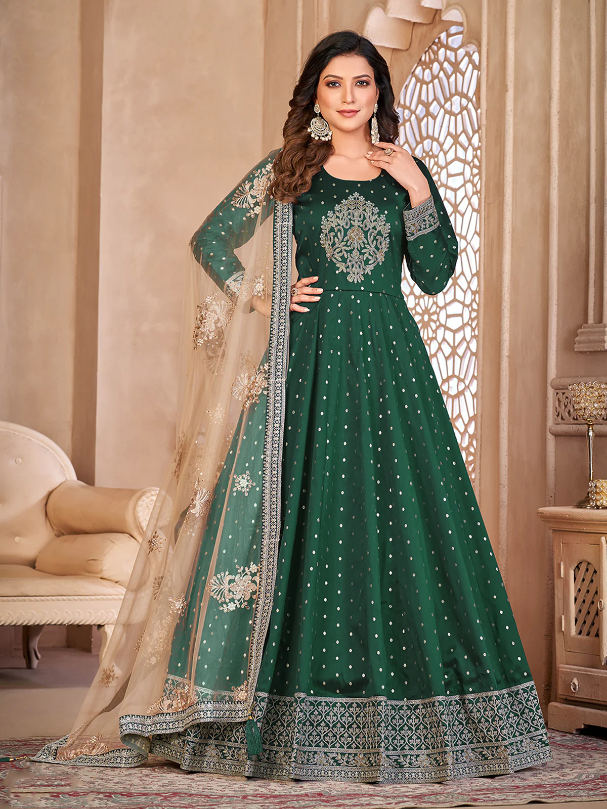 Odette Green Tafeta Embroidered Semi stitched Kurta Set For Women