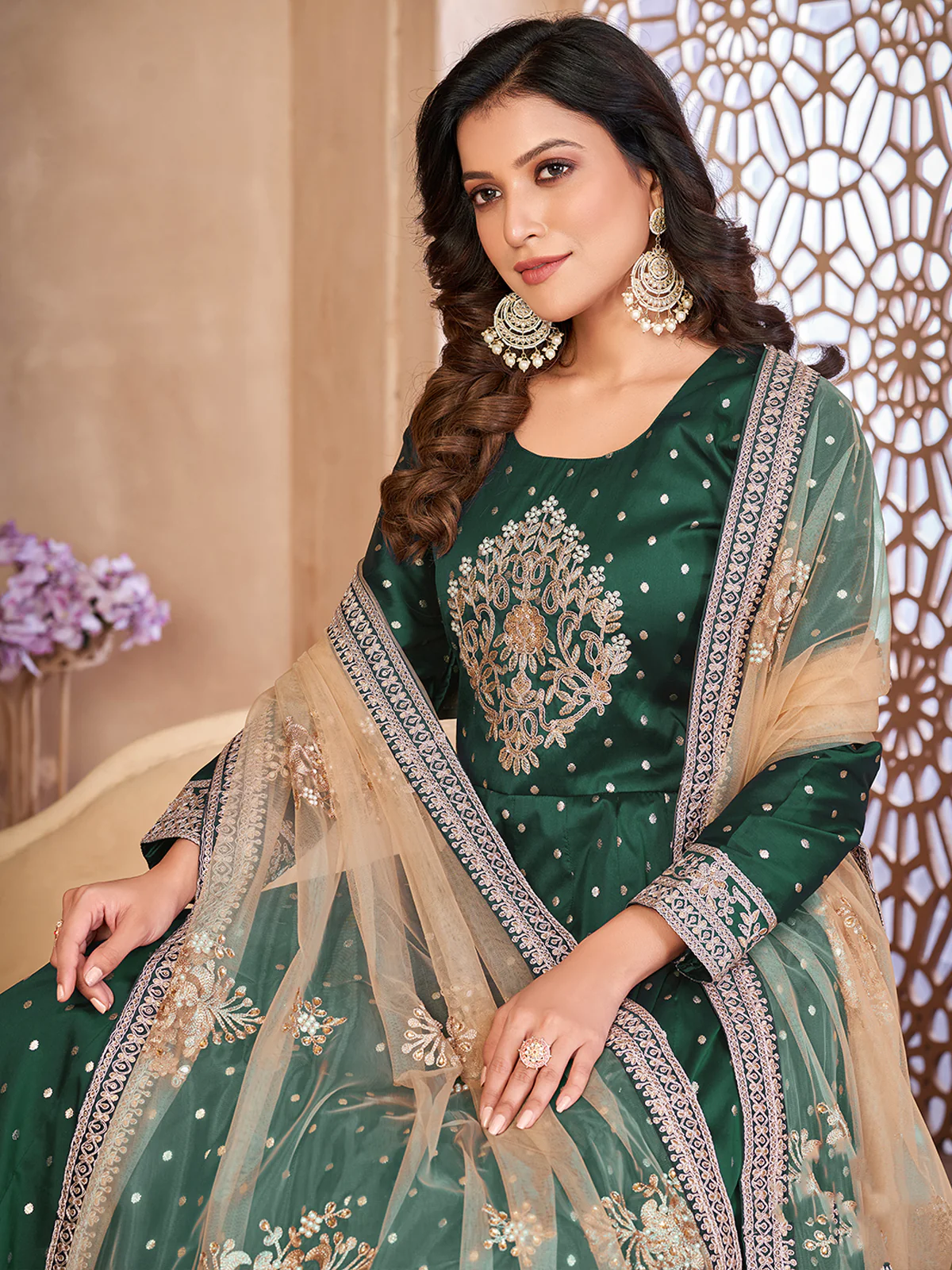 Odette Green Tafeta Embroidered Semi stitched Kurta Set For Women - Image 4
