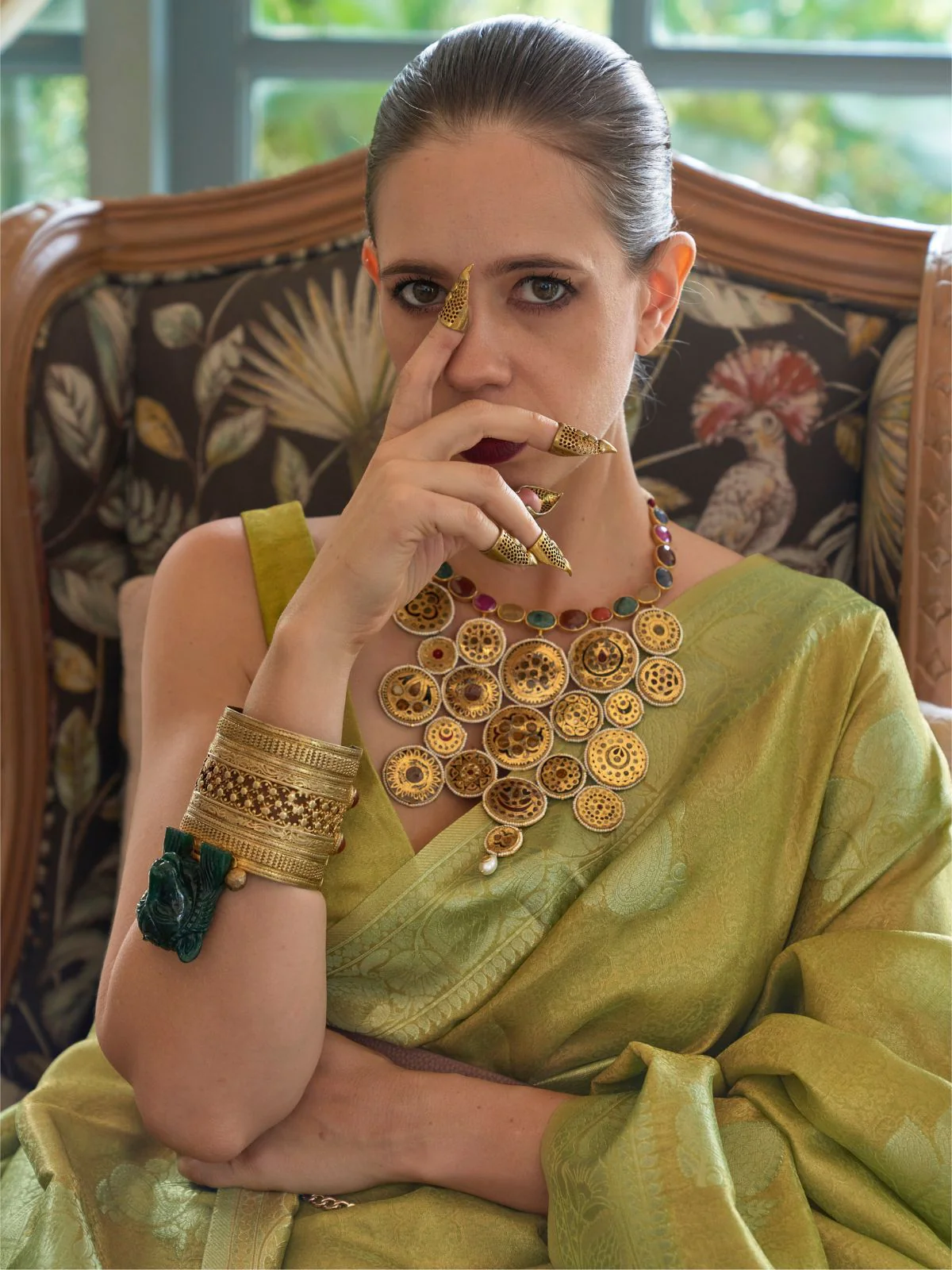 Odette Green Tissue Blend Woven Saree With Unstitched Blouse For Women - Image 2