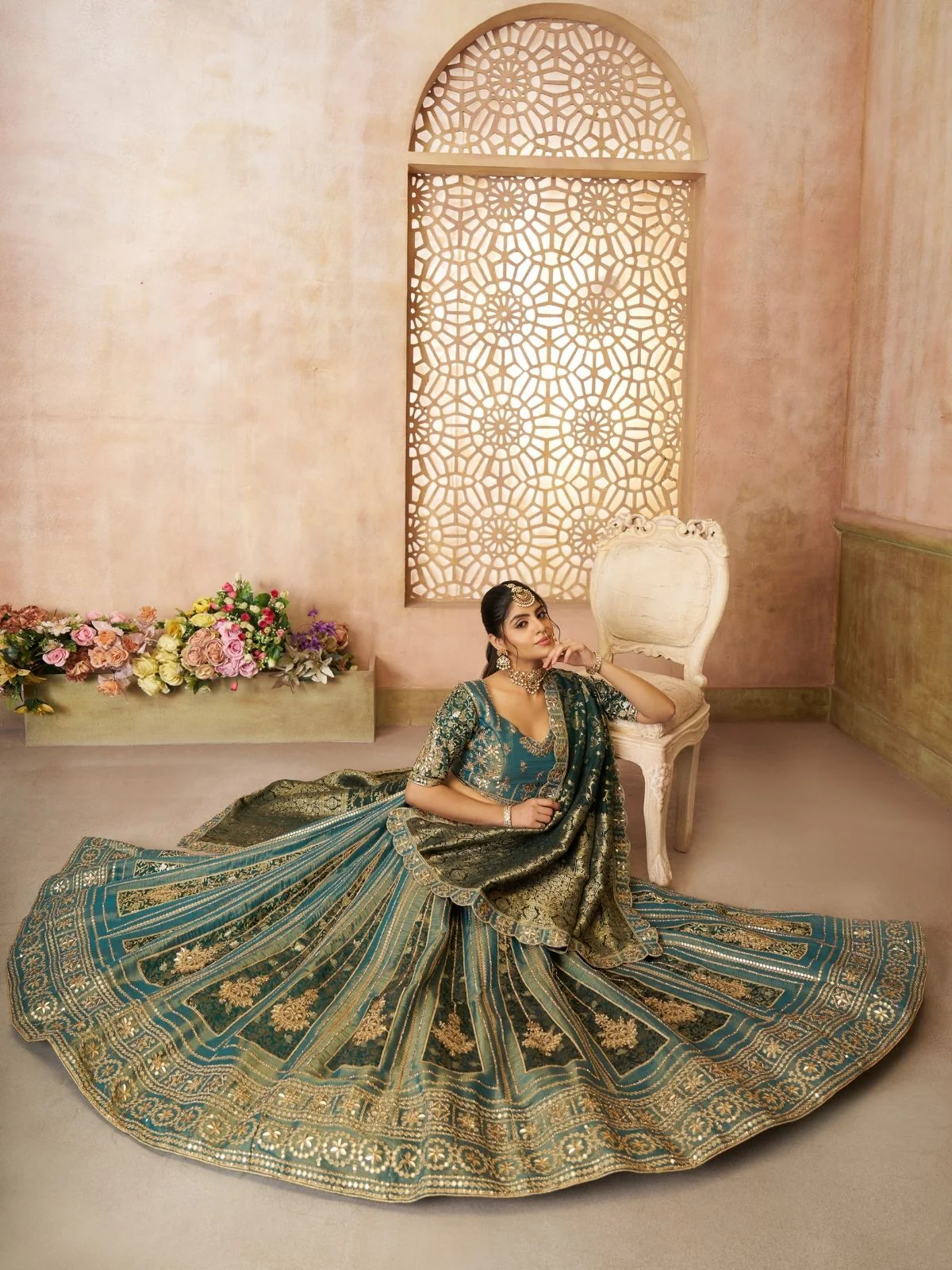 Odette Green Tissue Embroidered Semi-Stitched Lehenga For Women - Image 2