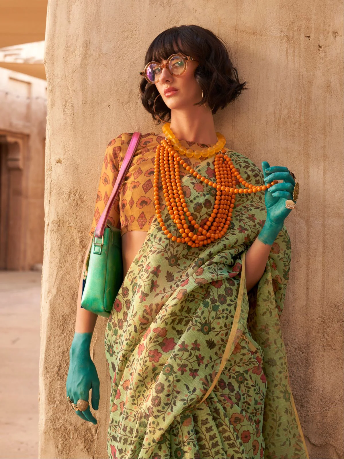 Odette Green Tissue Printed Saree With Unstitched Blouse For Women - Image 2
