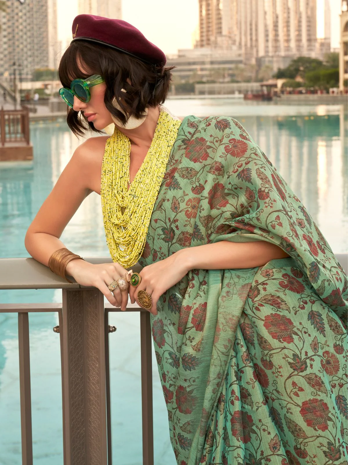Odette Green Tissue Printed Saree With Unstitched Blouse For Women - Image 2