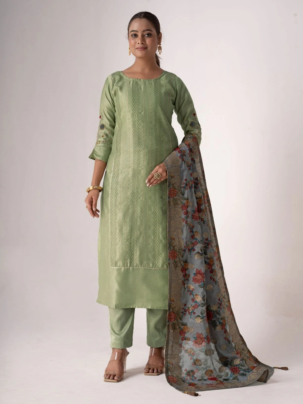 Odette Green Tusser Silk Designer Embroidered Semi-Stitched Kurta Set For Women