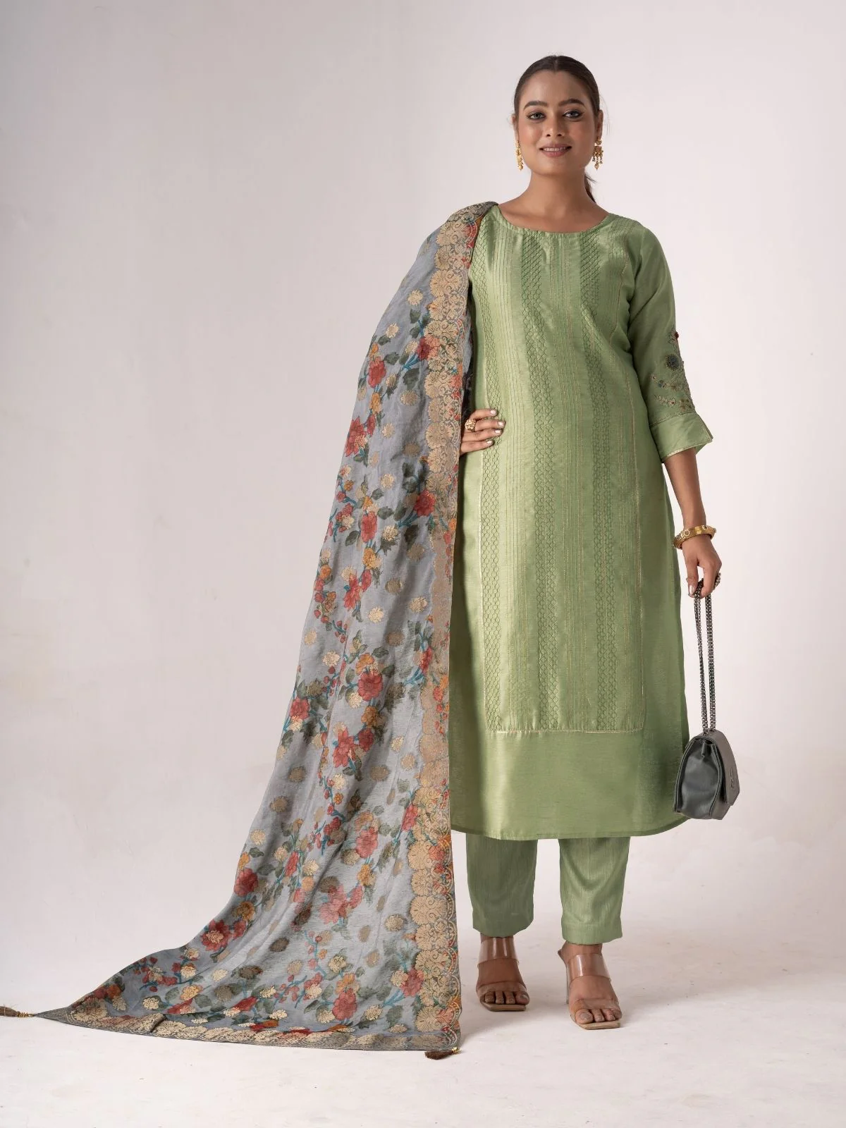 Odette Green Tusser Silk Designer Embroidered Semi-Stitched Kurta Set For Women - Image 3