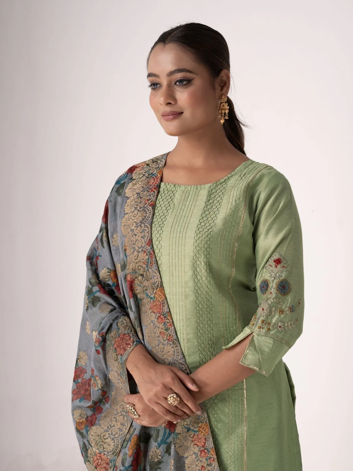 Odette Green Tusser Silk Designer Embroidered Semi-Stitched Kurta Set For Women - Image 4