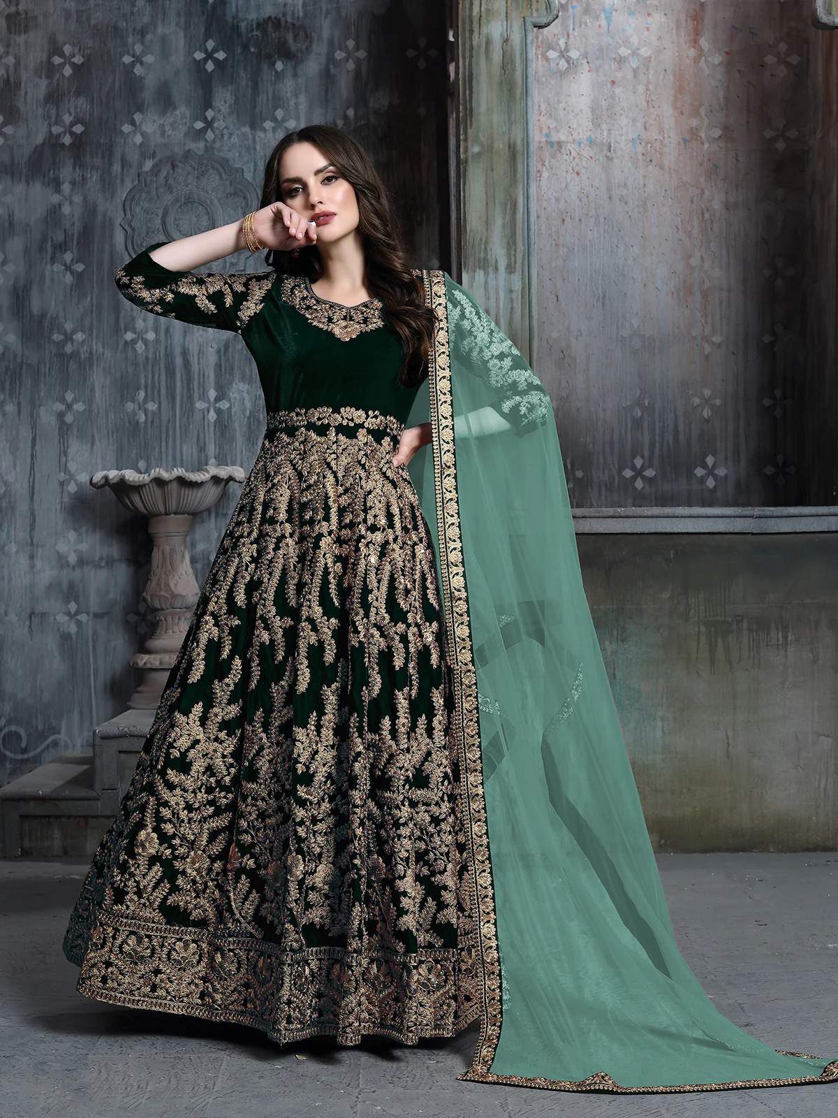 Odette Green Velvet Embroidered Semi stitched Kurta Set For Women