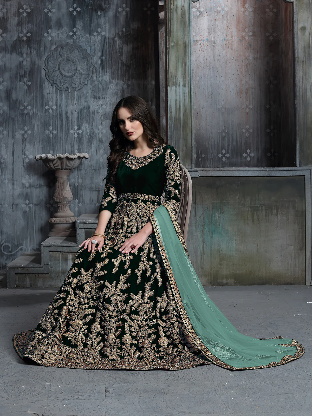 Odette Green Velvet Embroidered Semi stitched Kurta Set For Women - Image 2