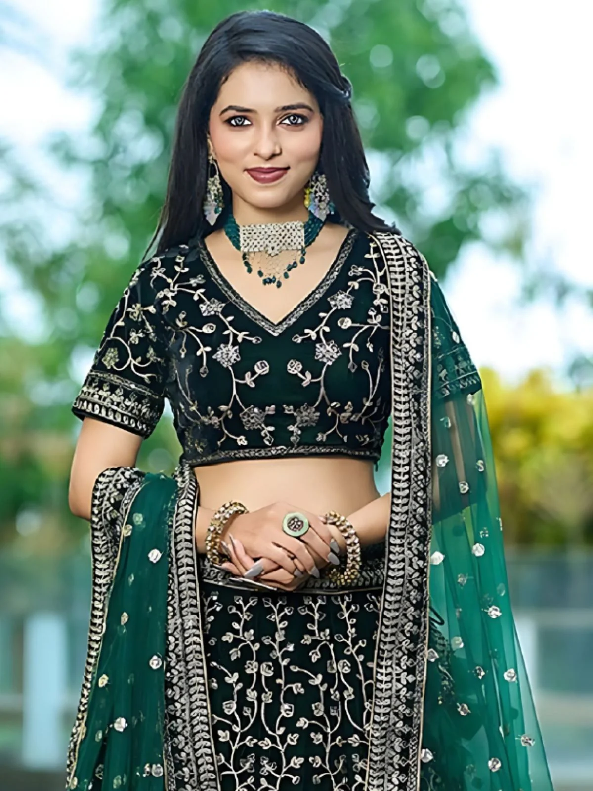 Odette Green Velvet Embroidered Semi-Stitched Lehenga For Women - Image 3