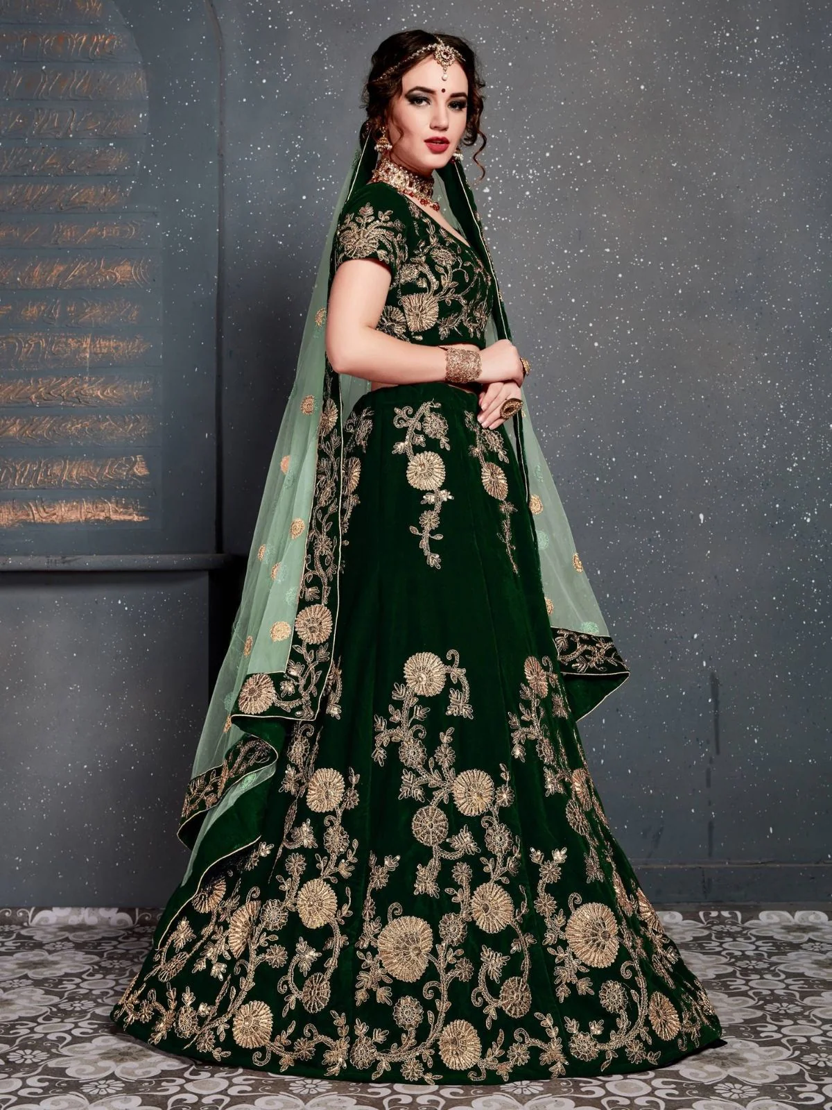 Odette Dark Green Velvet Embroidered Semi Stitched Lehenga With Blouse For Women - Image 3