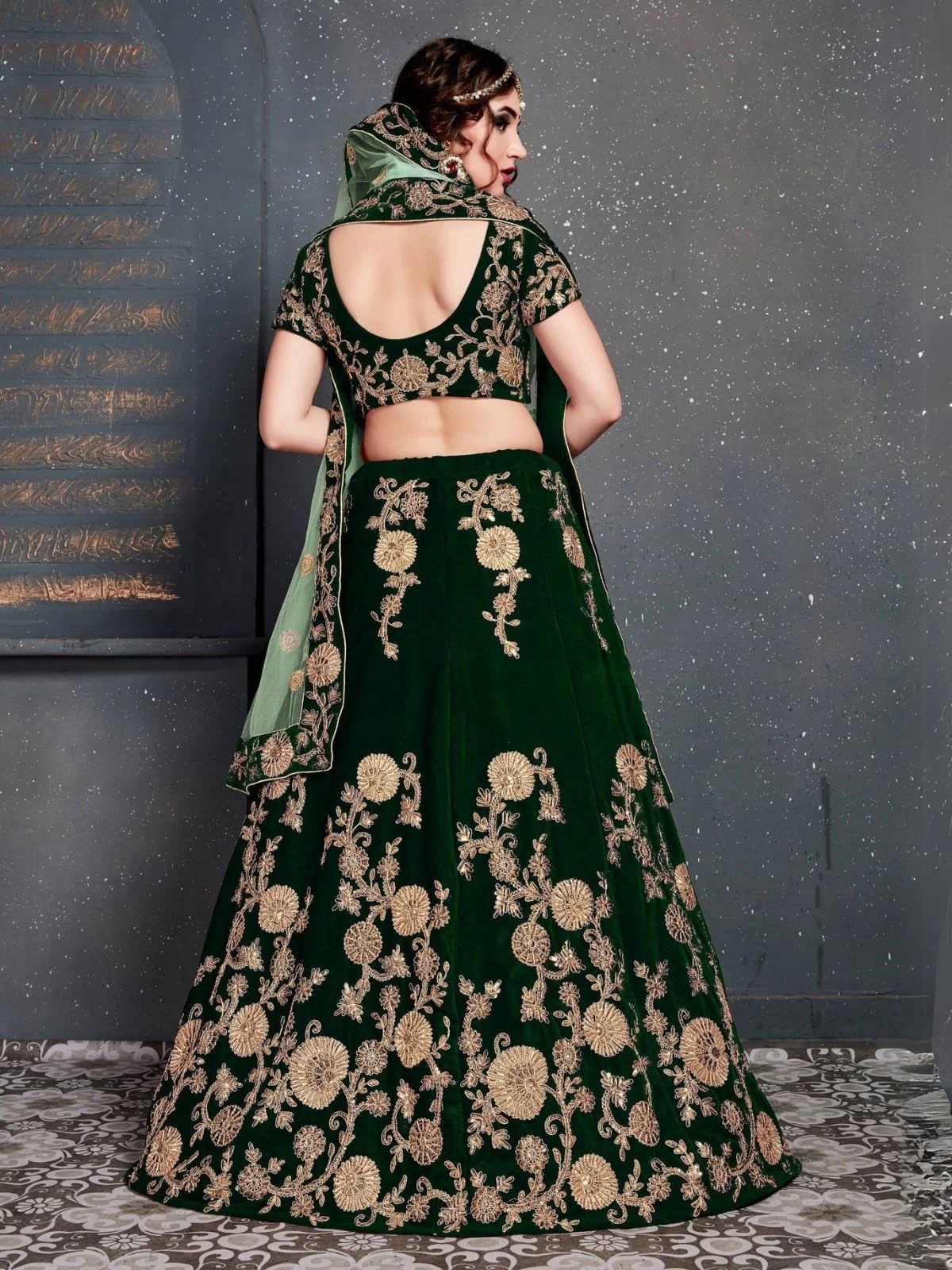 Odette Dark Green Velvet Embroidered Semi Stitched Lehenga With Blouse For Women - Image 4