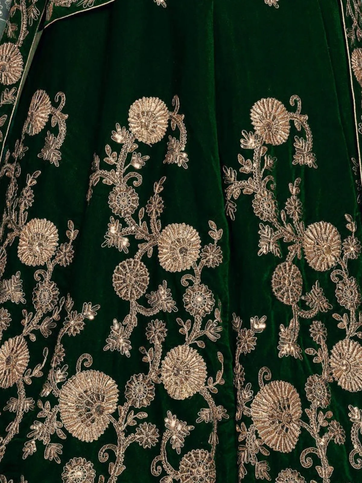 Odette Dark Green Velvet Embroidered Semi Stitched Lehenga With Blouse For Women - Image 6