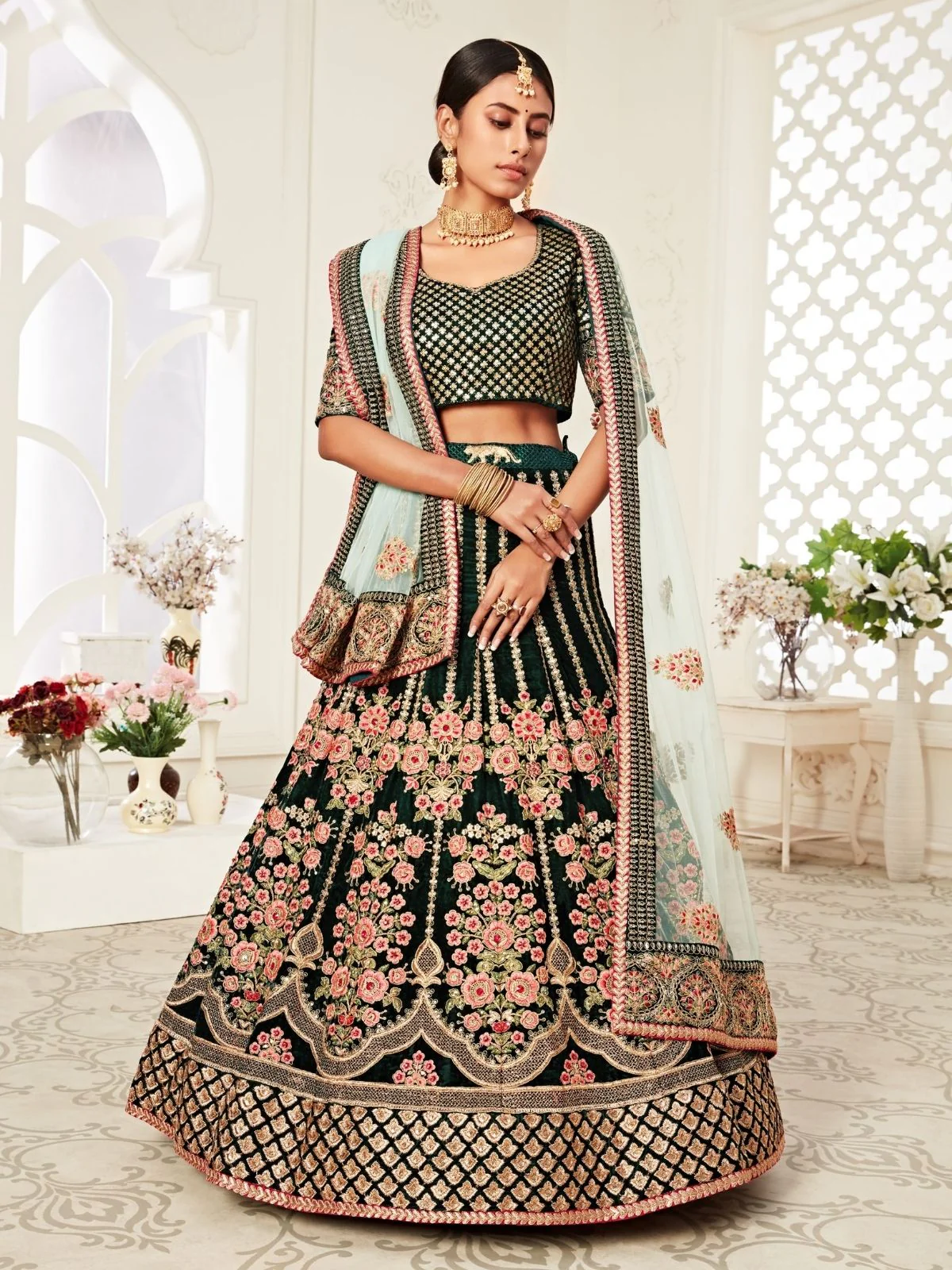 Odette Green Velvet Embroidered Semi Stitched Lehenga With Unstitched Blouse For Women - Image 3