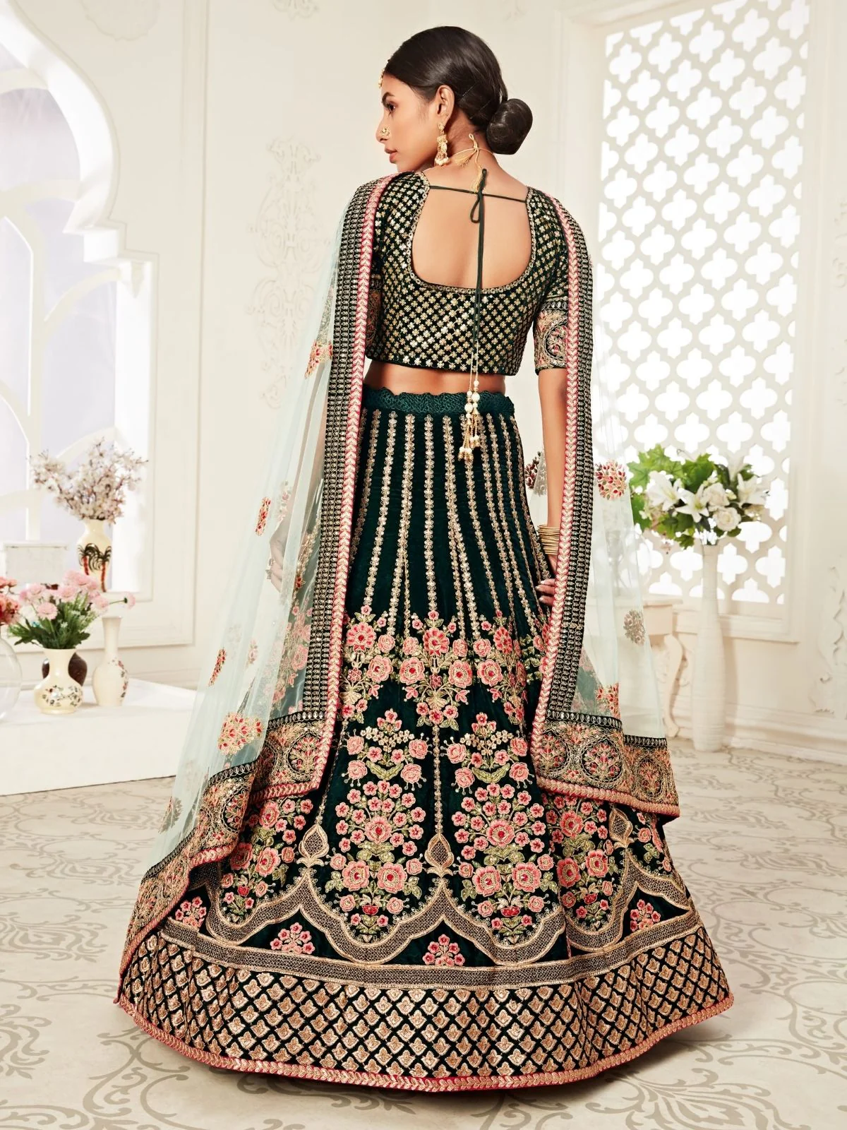 Odette Green Velvet Embroidered Semi Stitched Lehenga With Unstitched Blouse For Women - Image 4