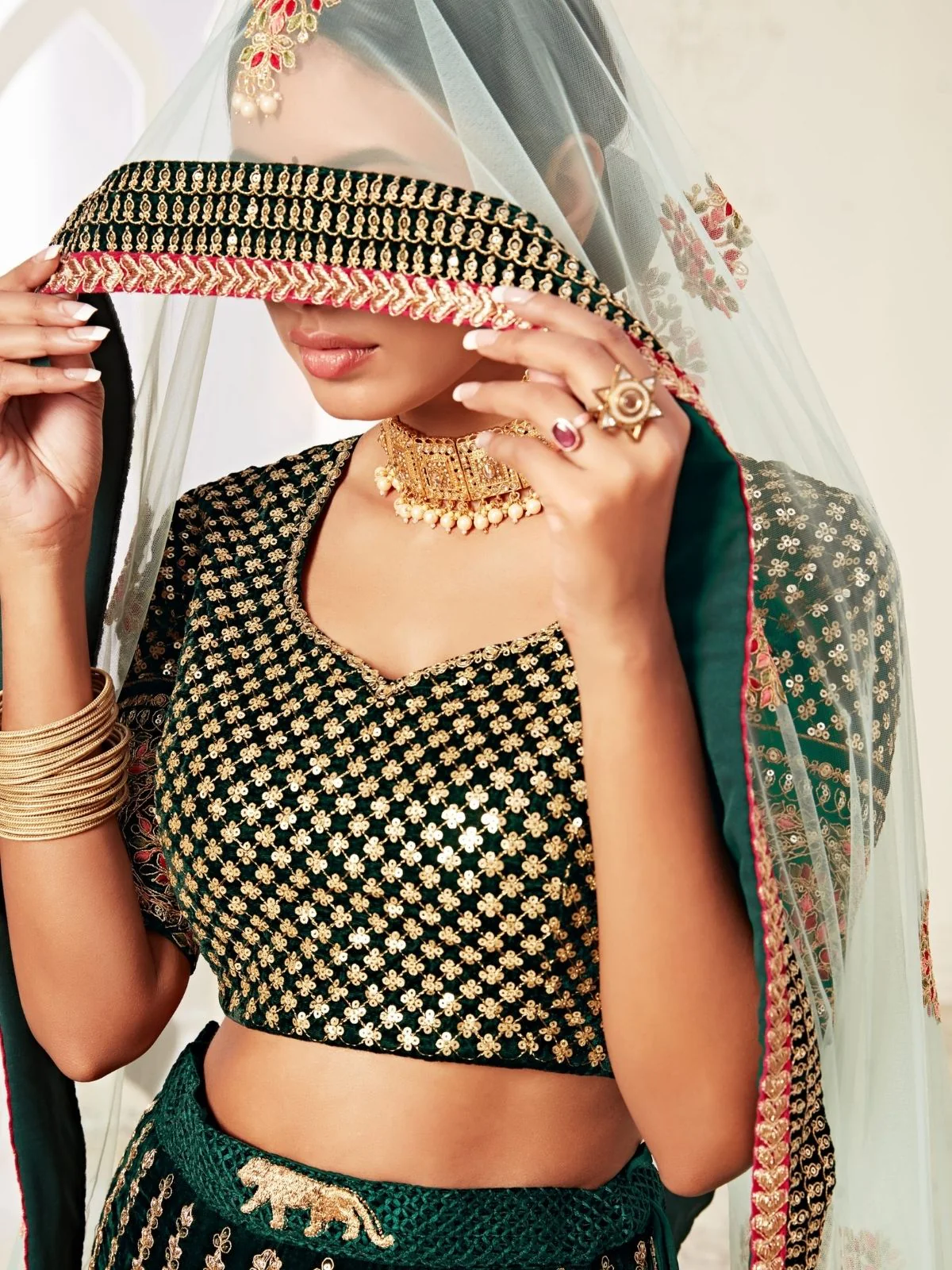 Odette Green Velvet Embroidered Semi Stitched Lehenga With Unstitched Blouse For Women - Image 5