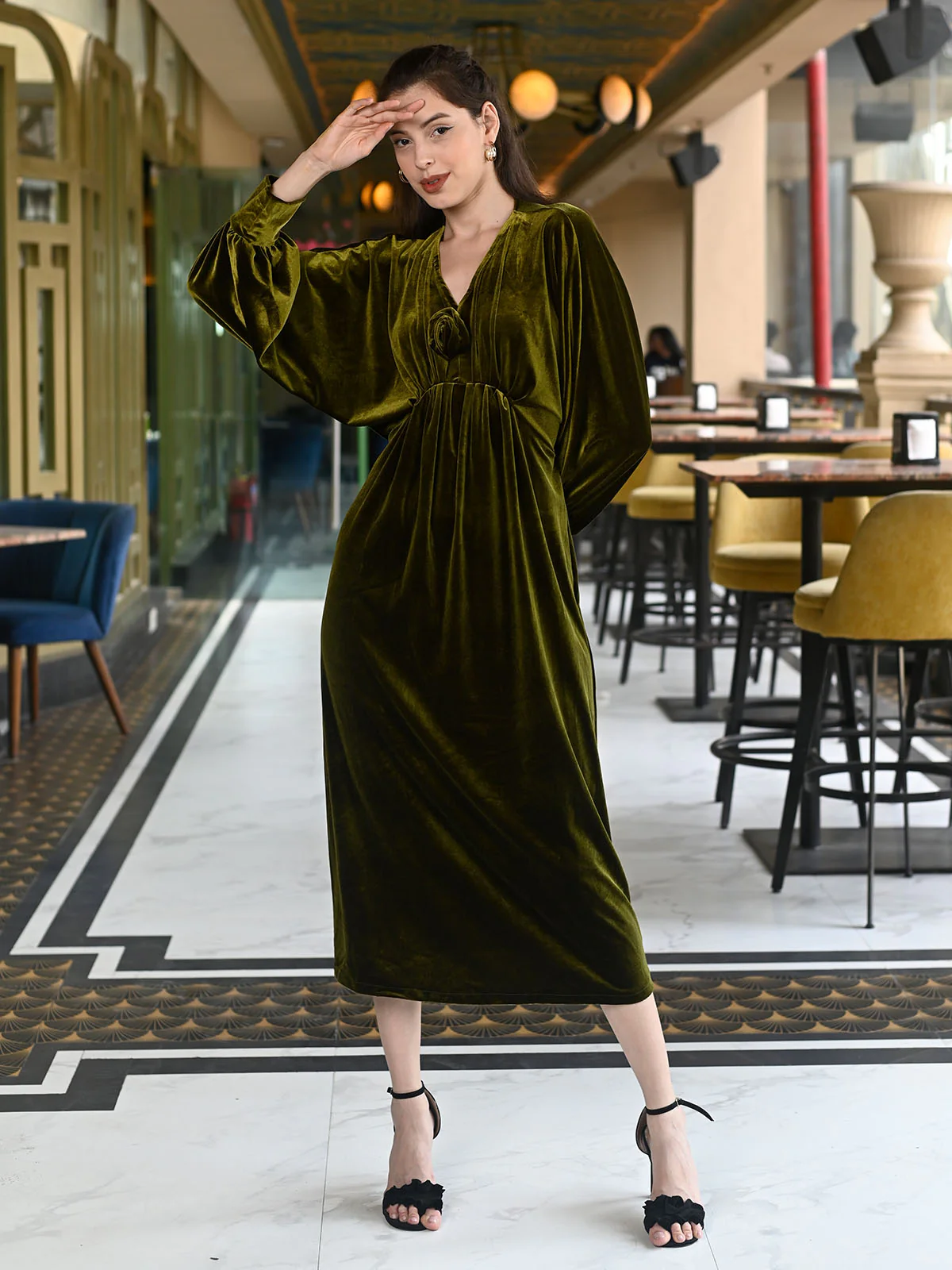 Odette Green Velvet Solid Dress For Women - Image 2