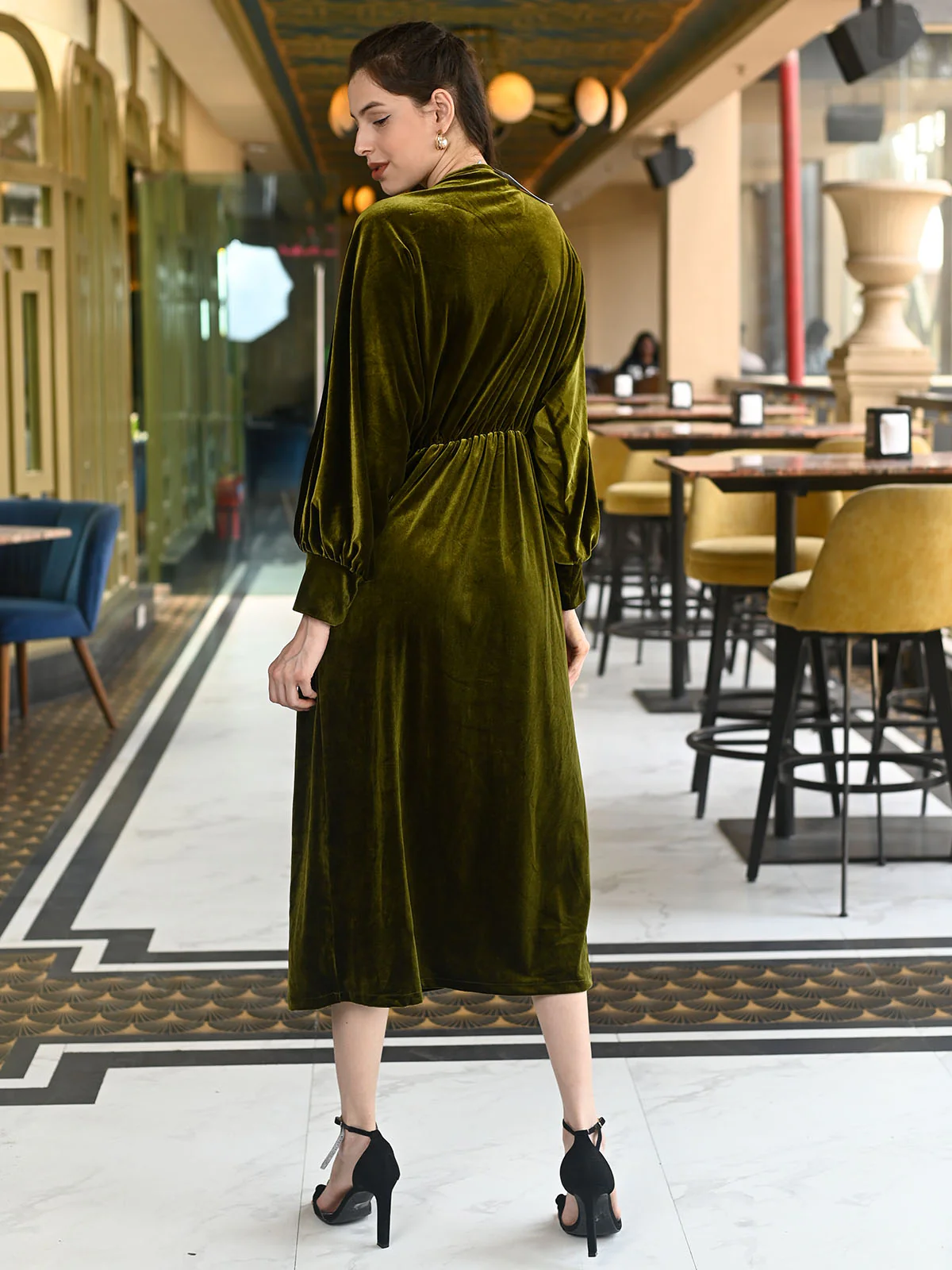 Odette Green Velvet Solid Dress For Women - Image 4