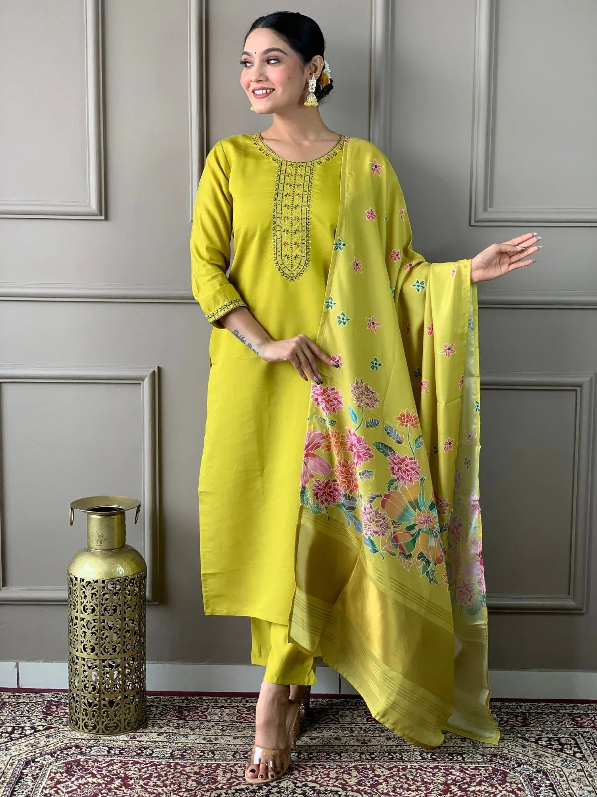 Odette Green Viscose chanderi Embroidered Stitched Kurta Set For Women - Image 2
