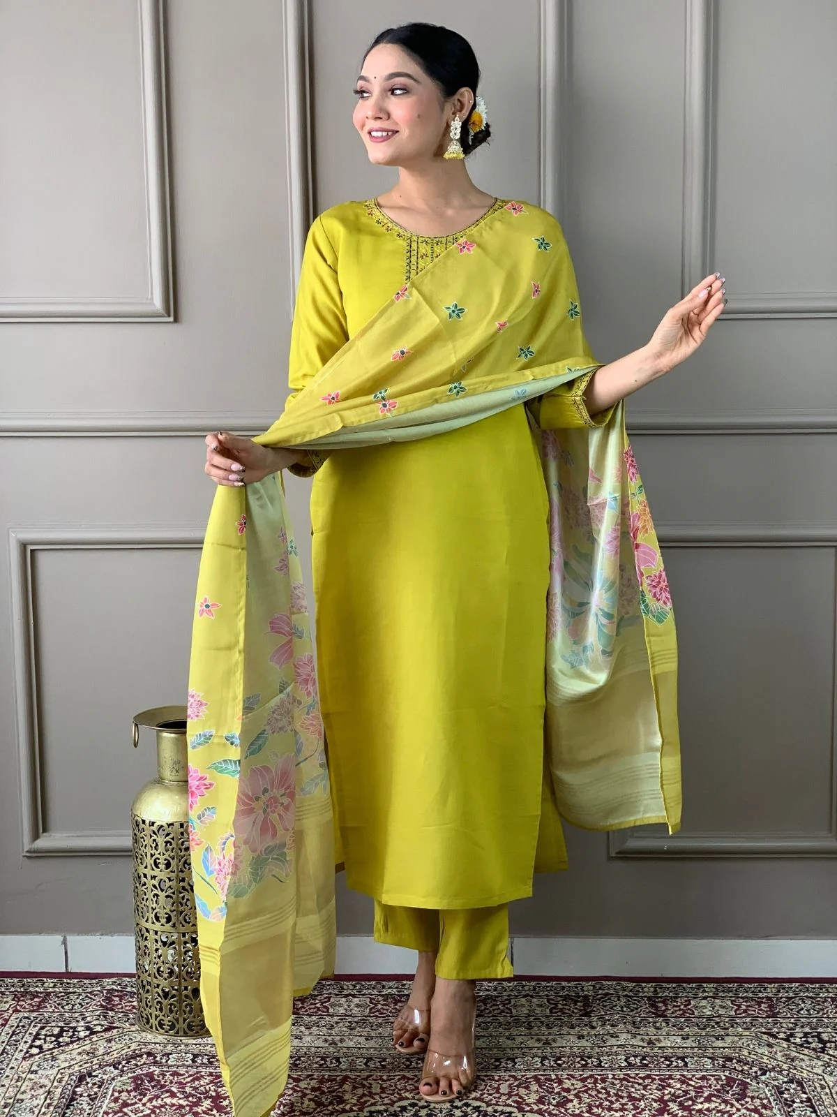 Odette Green Viscose chanderi Embroidered Stitched Kurta Set For Women - Image 3