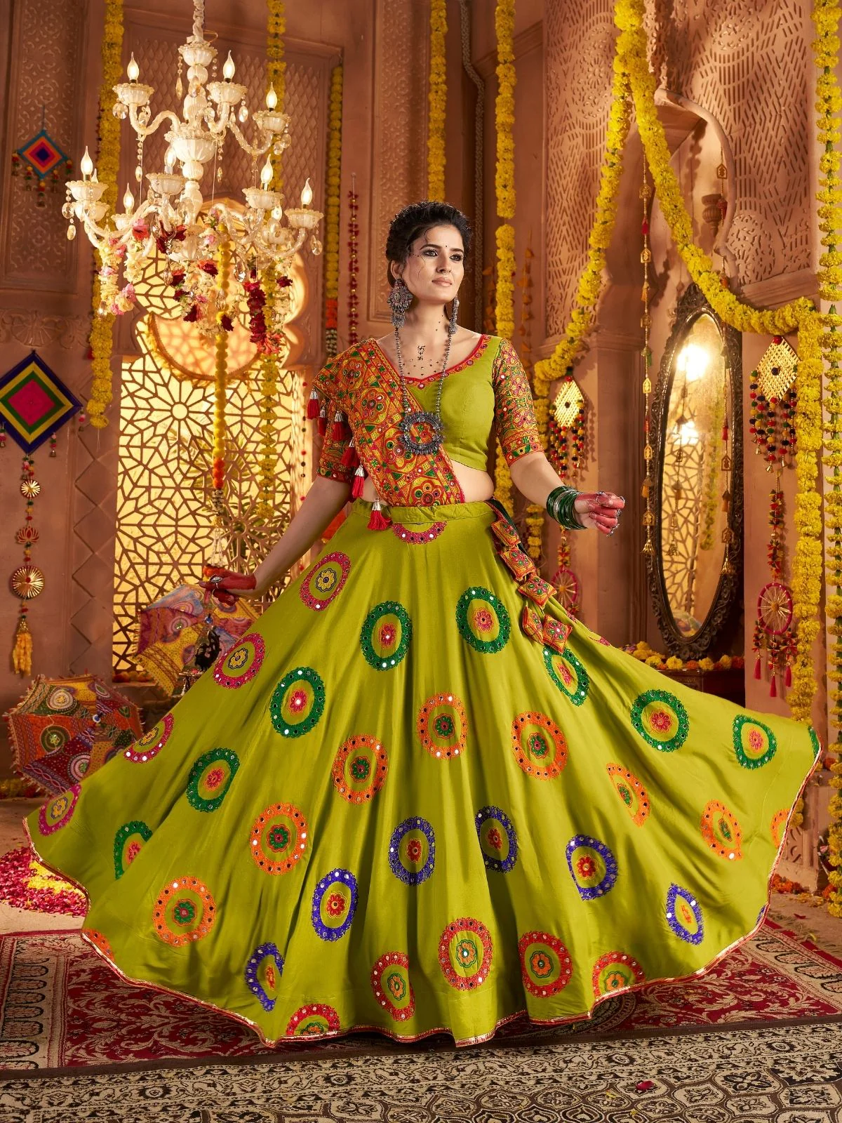 Odette Green Viscose Cotton Embroidered Semi-Stitched lehenga With Stunning Tassels For Women