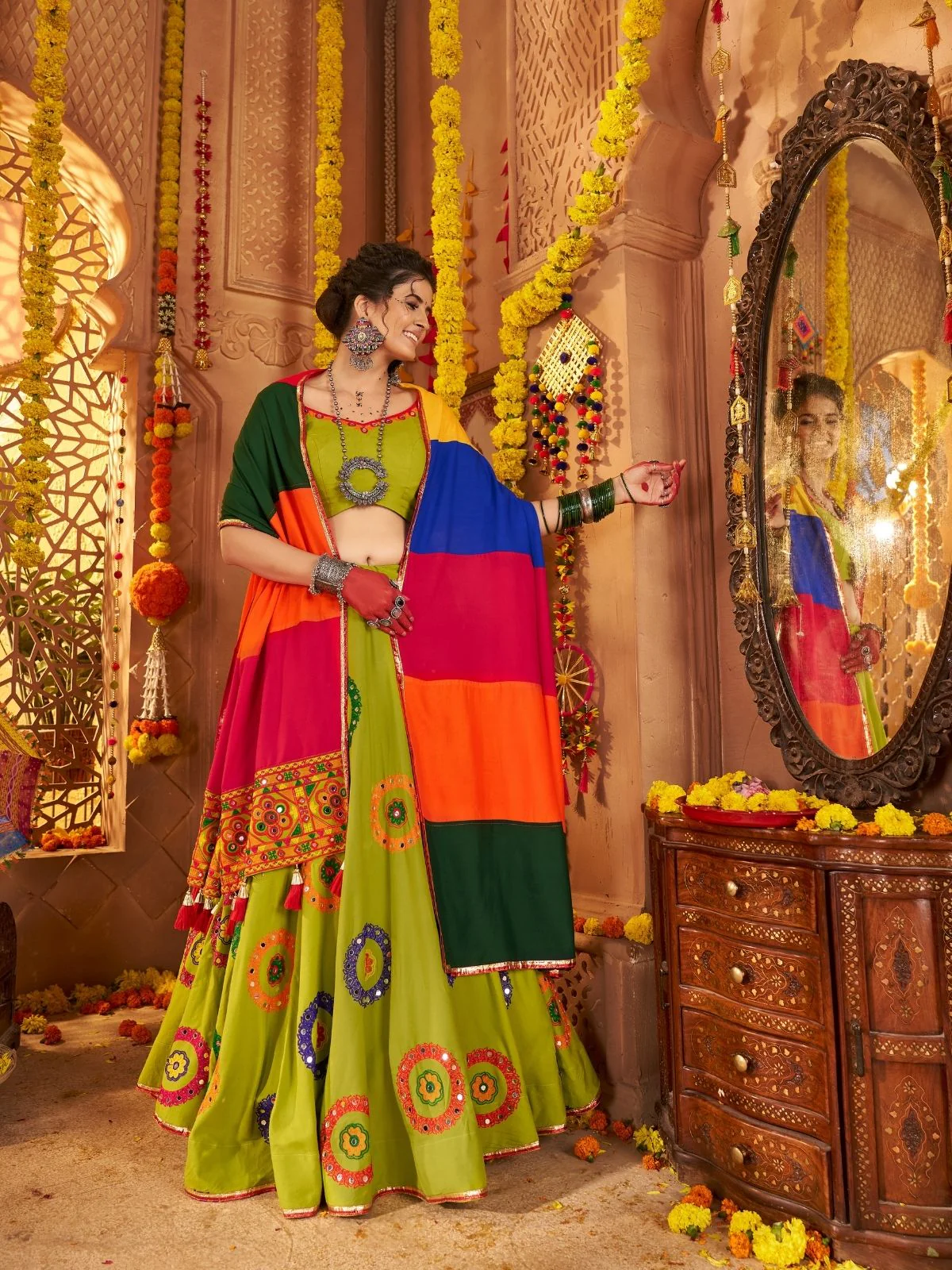 Odette Green Viscose Cotton Embroidered Semi-Stitched lehenga With Stunning Tassels For Women - Image 2