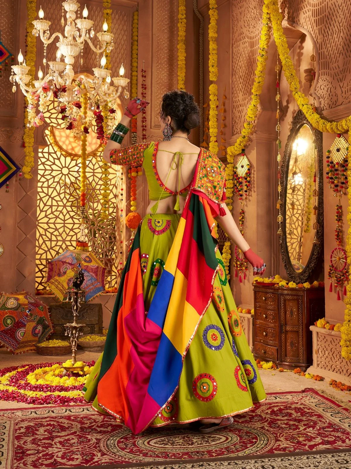 Odette Green Viscose Cotton Embroidered Semi-Stitched lehenga With Stunning Tassels For Women - Image 3