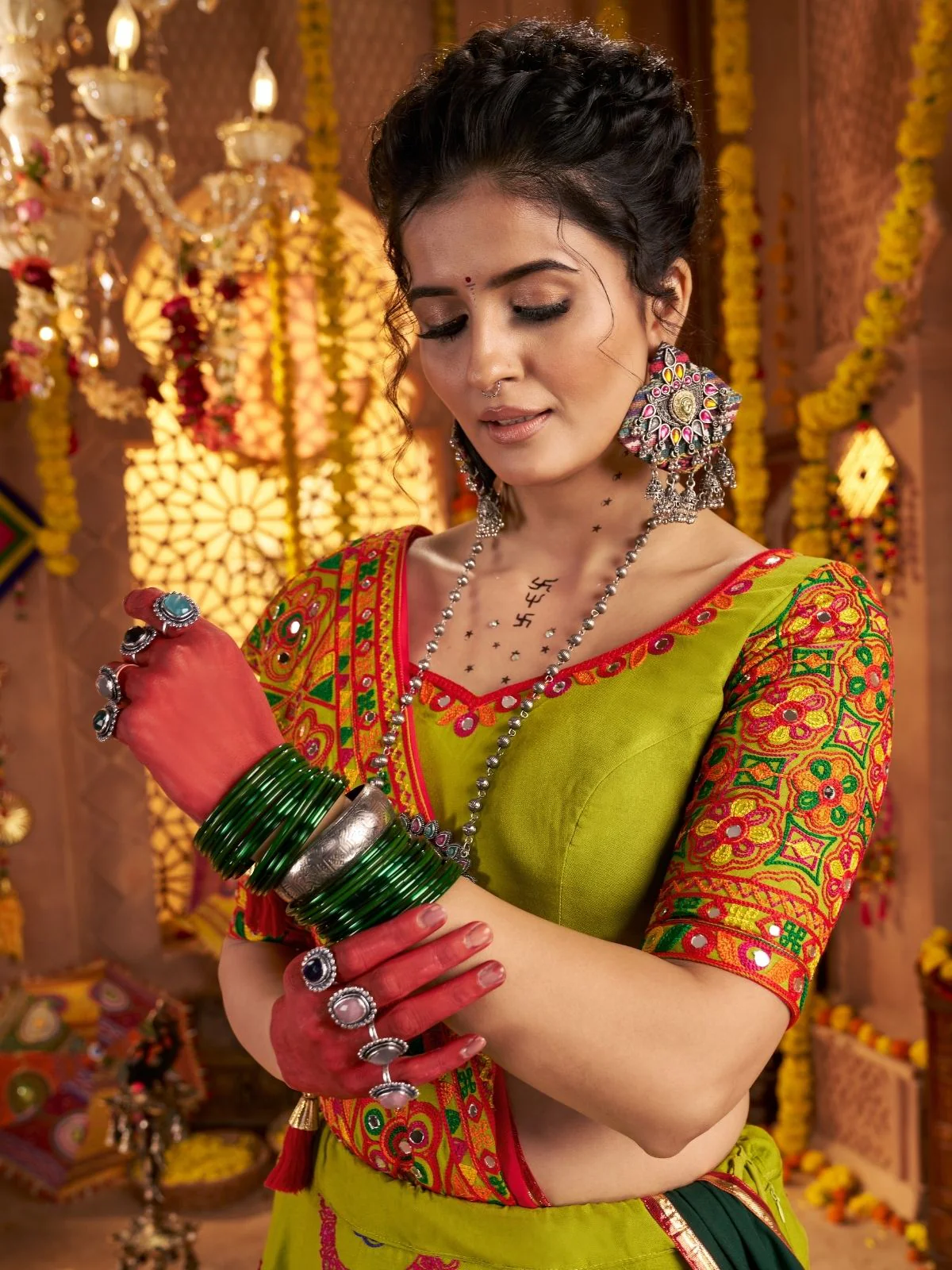 Odette Green Viscose Cotton Embroidered Semi-Stitched lehenga With Stunning Tassels For Women - Image 5