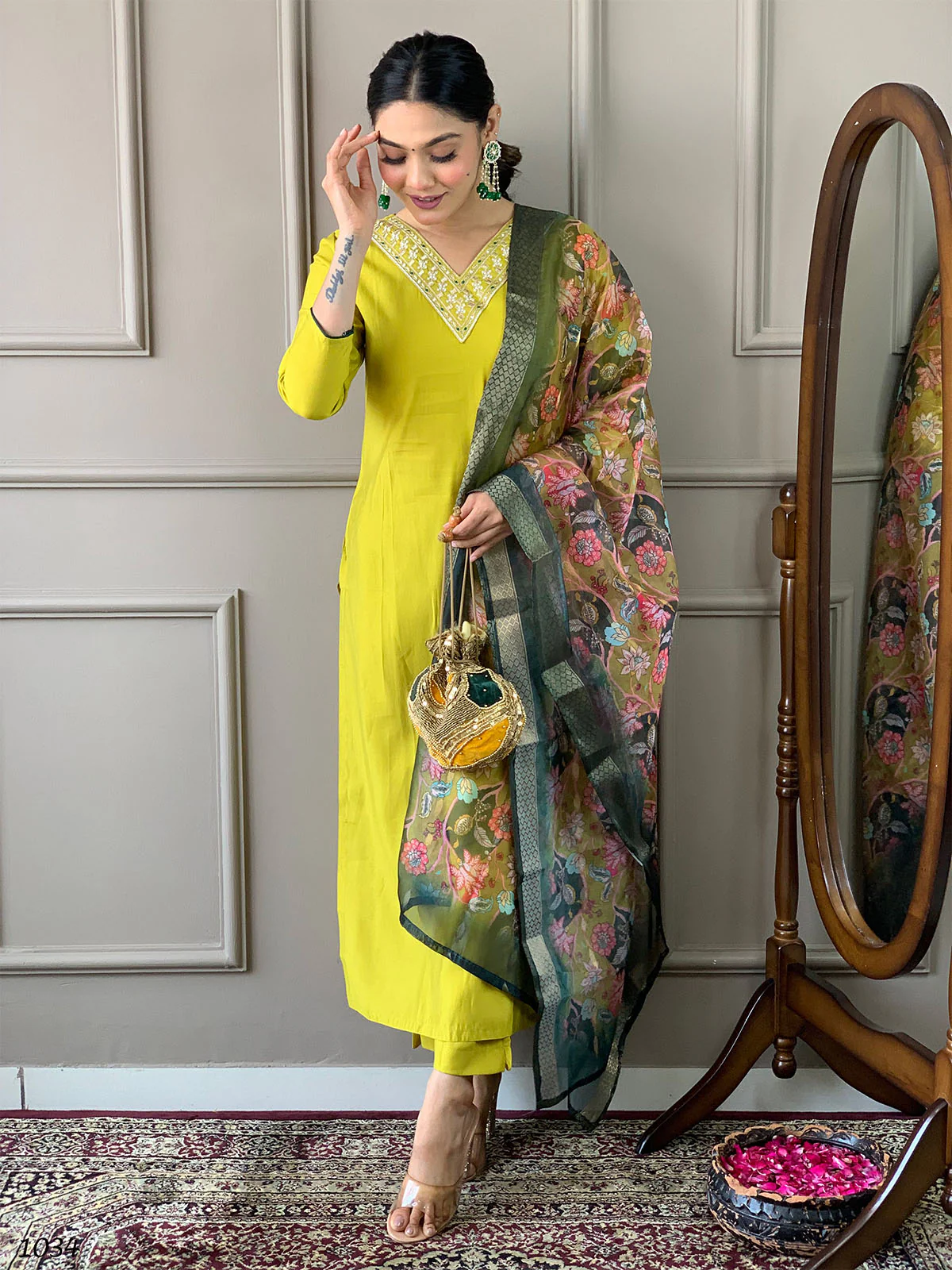 Odette Green Viscose Embroidered Stitched Kurta Set For Women