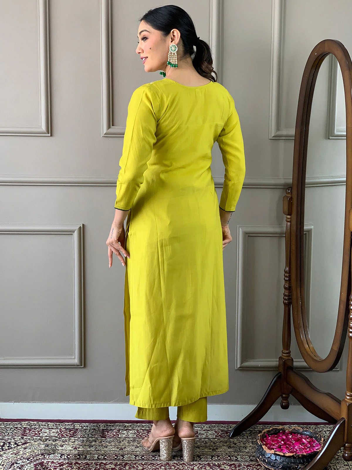 Odette Green Viscose Embroidered Stitched Kurta Set For Women - Image 3
