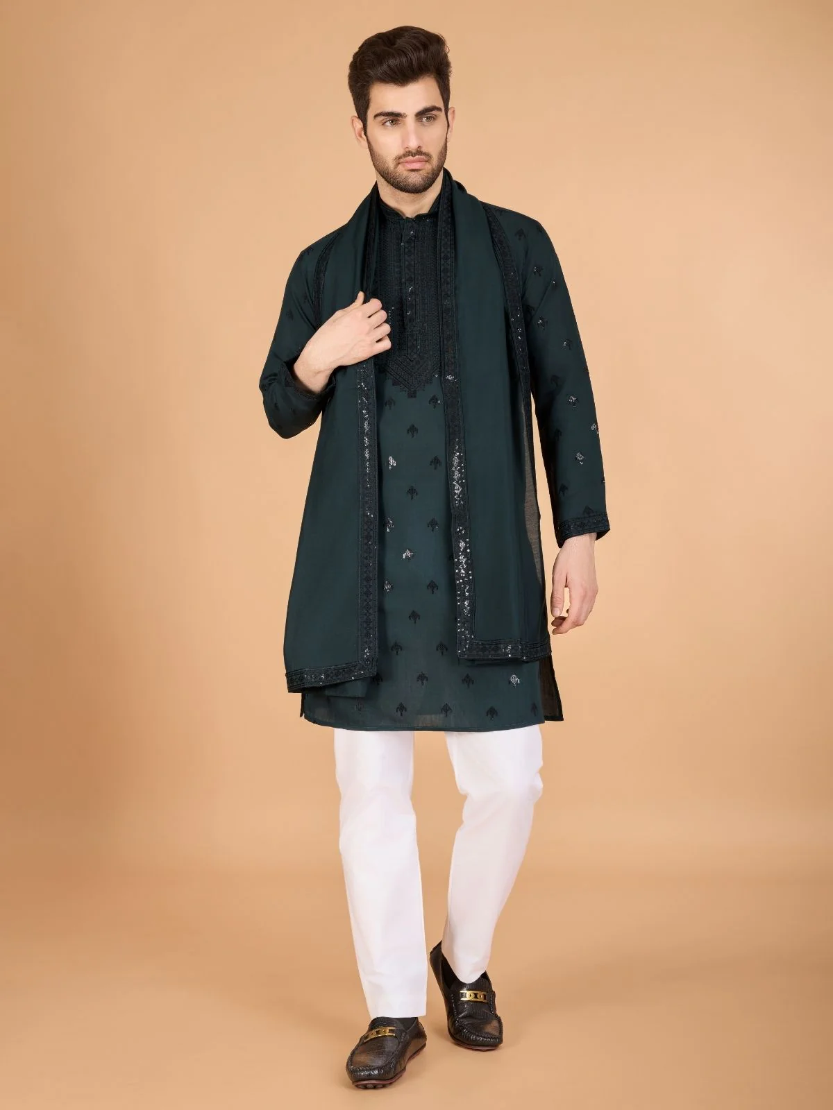 Odette Green Viscose Silk Embellished Stitched Kurta For Men - Image 2