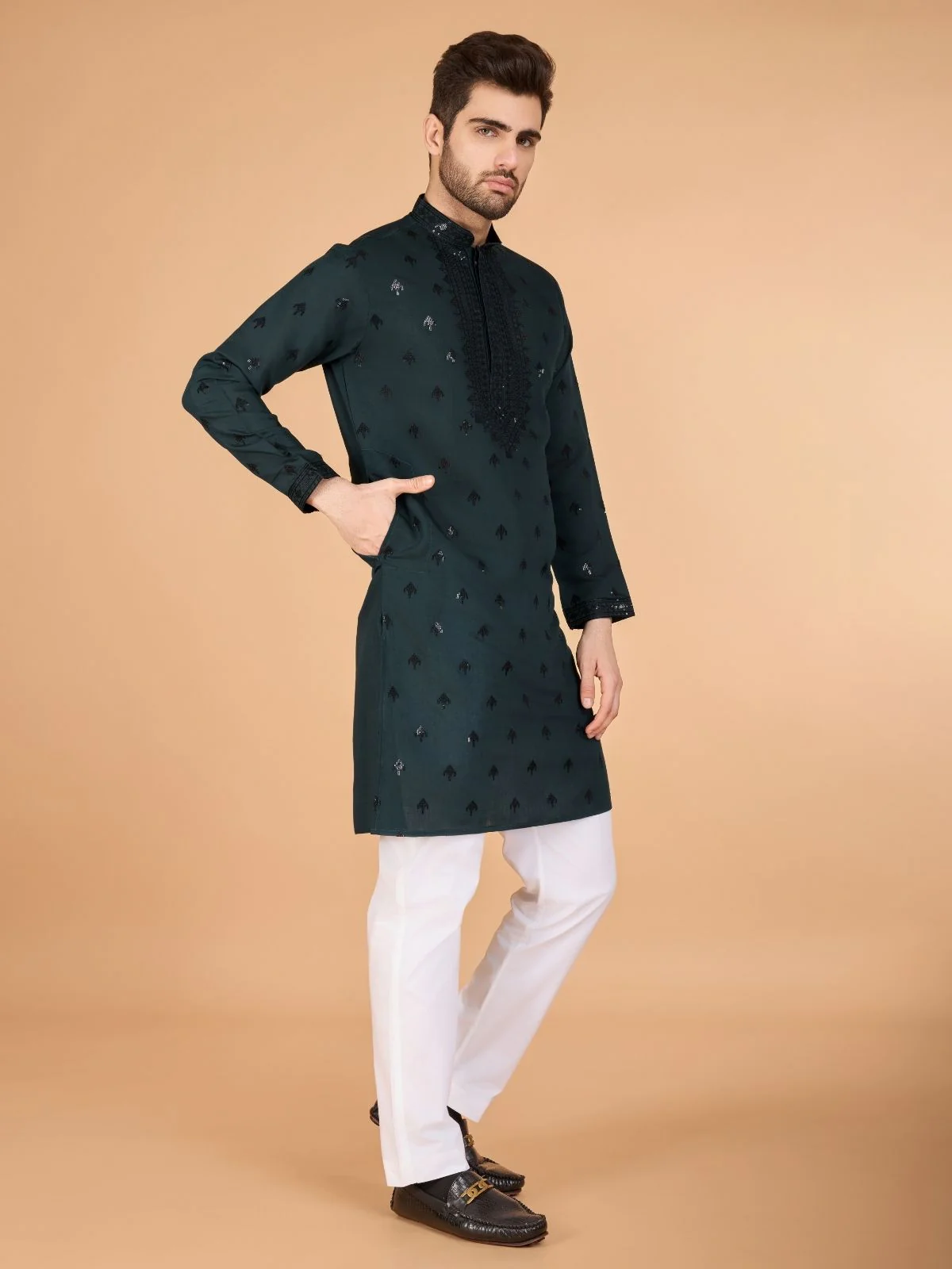 Odette Green Viscose Silk Embellished Stitched Kurta For Men - Image 3