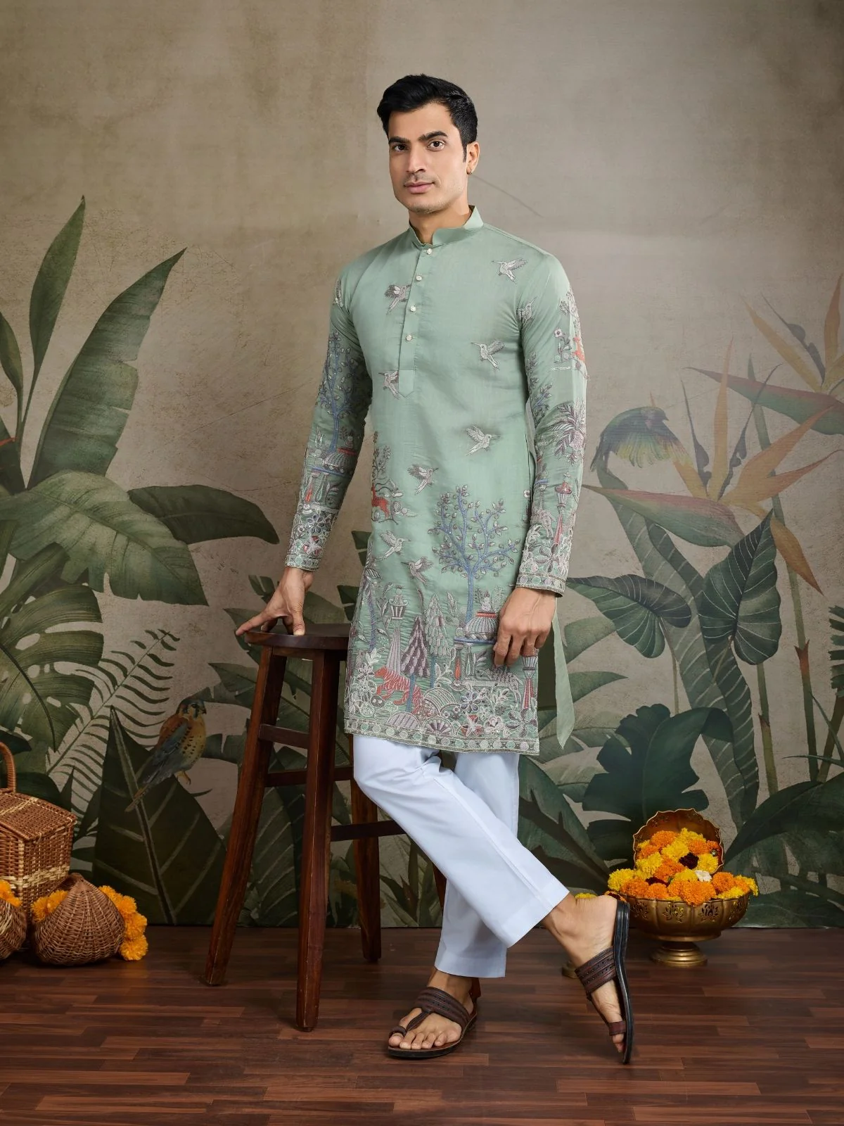 Odette Green Viscose Silk Embroidered Stitched Kurta For Men - Image 2