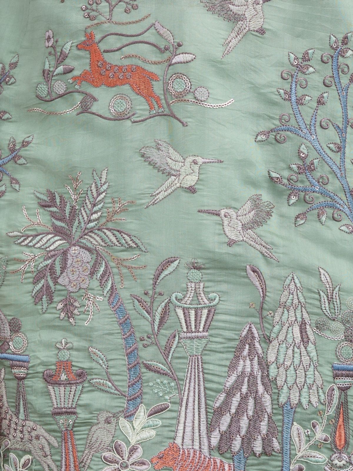 Odette Green Viscose Silk Embroidered Stitched Kurta For Men - Image 6