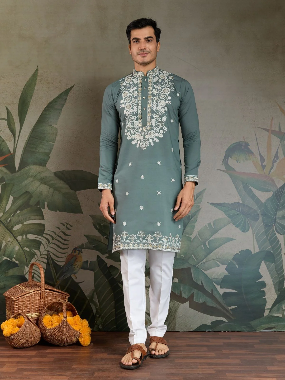 Odette Green Viscose Silk Embroidered Stitched Kurta For Men - Image 3
