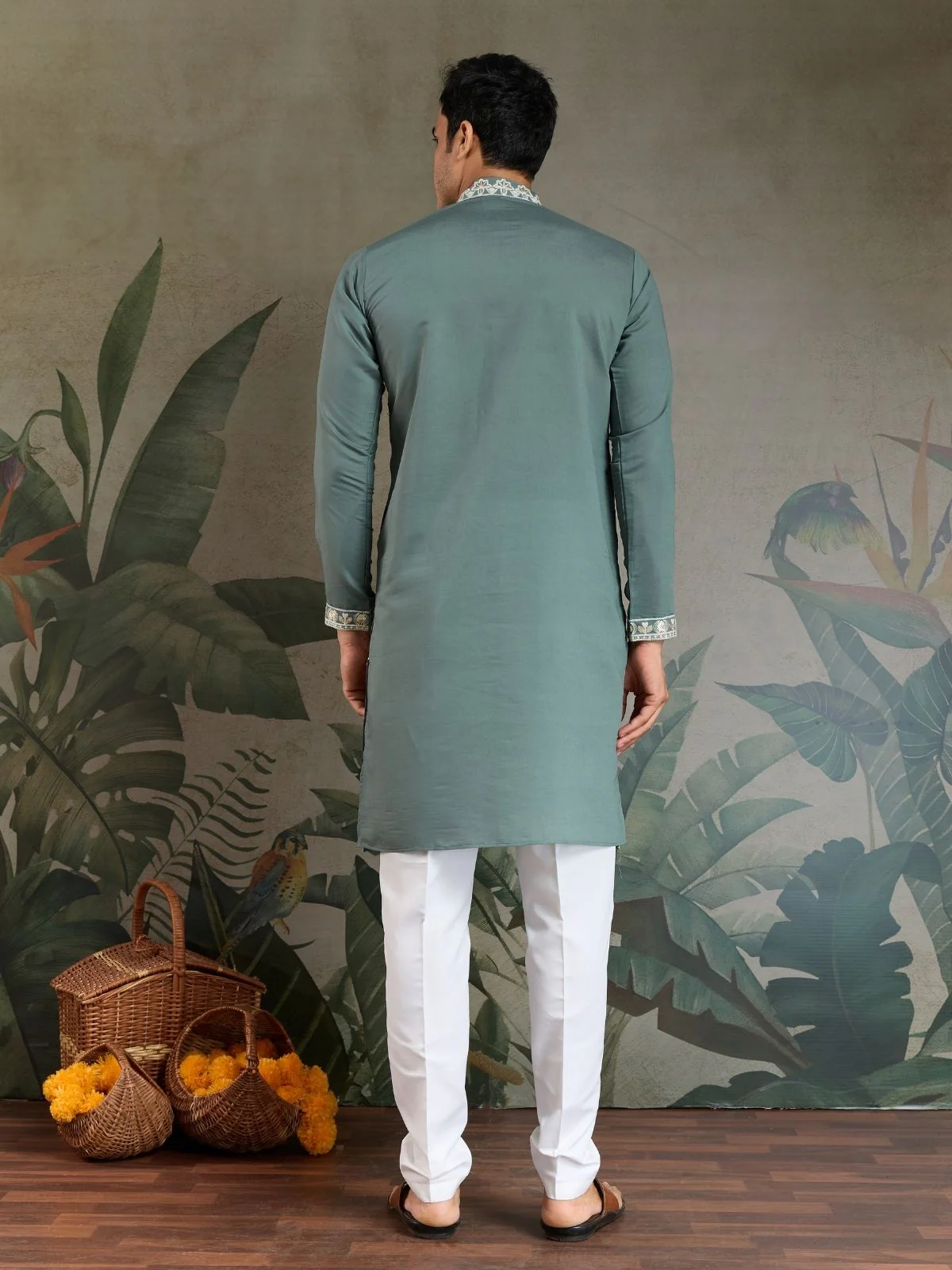 Odette Green Viscose Silk Embroidered Stitched Kurta For Men - Image 5