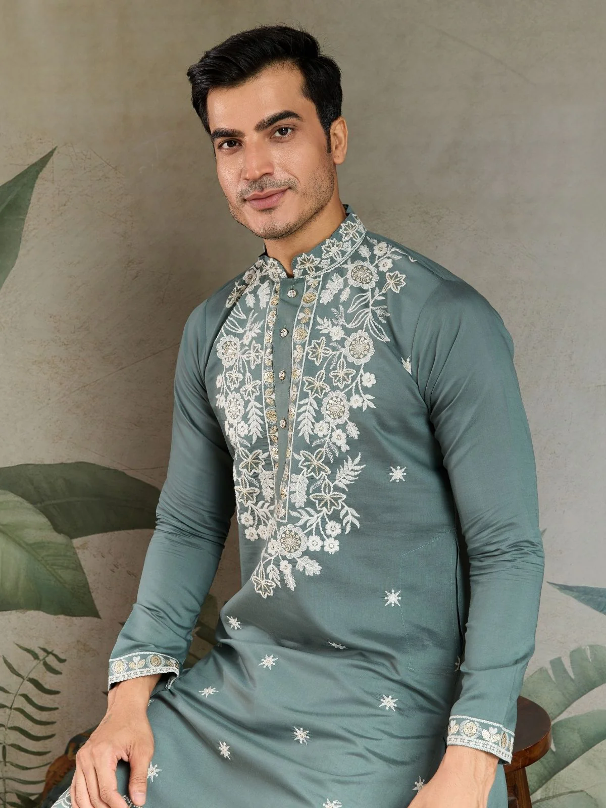 Odette Green Viscose Silk Embroidered Stitched Kurta For Men - Image 6