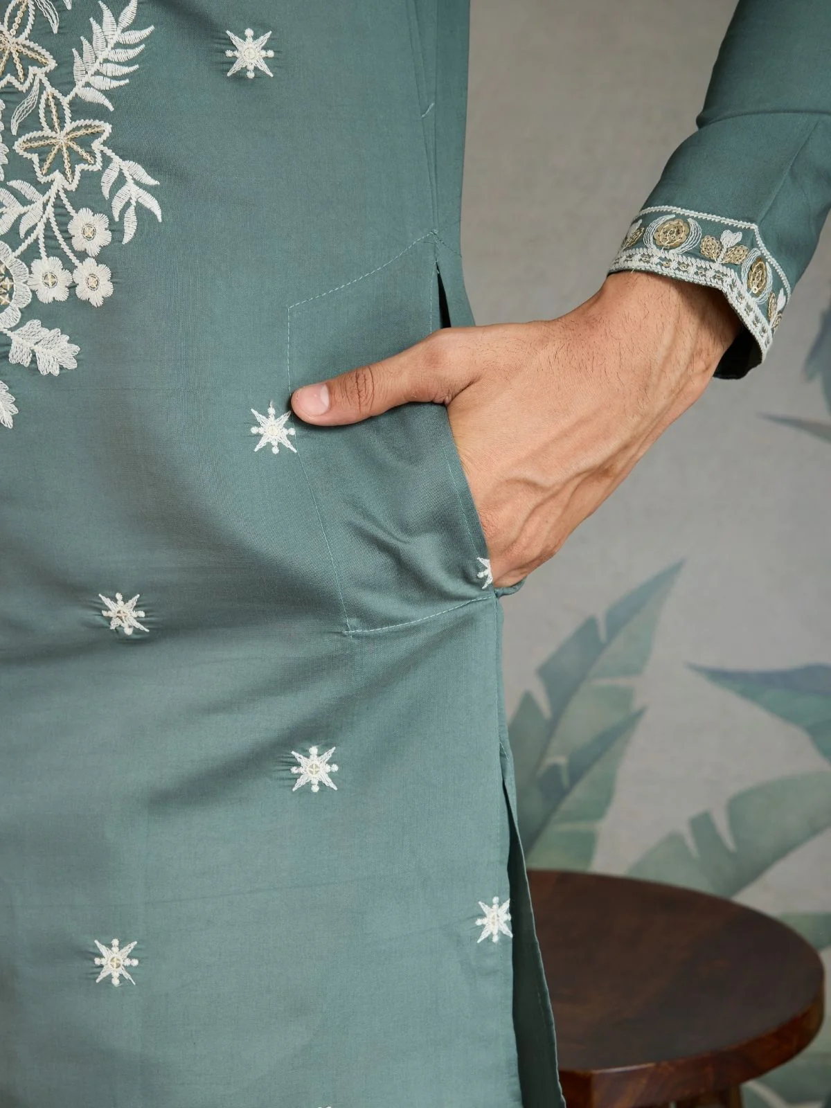 Odette Green Viscose Silk Embroidered Stitched Kurta For Men - Image 7