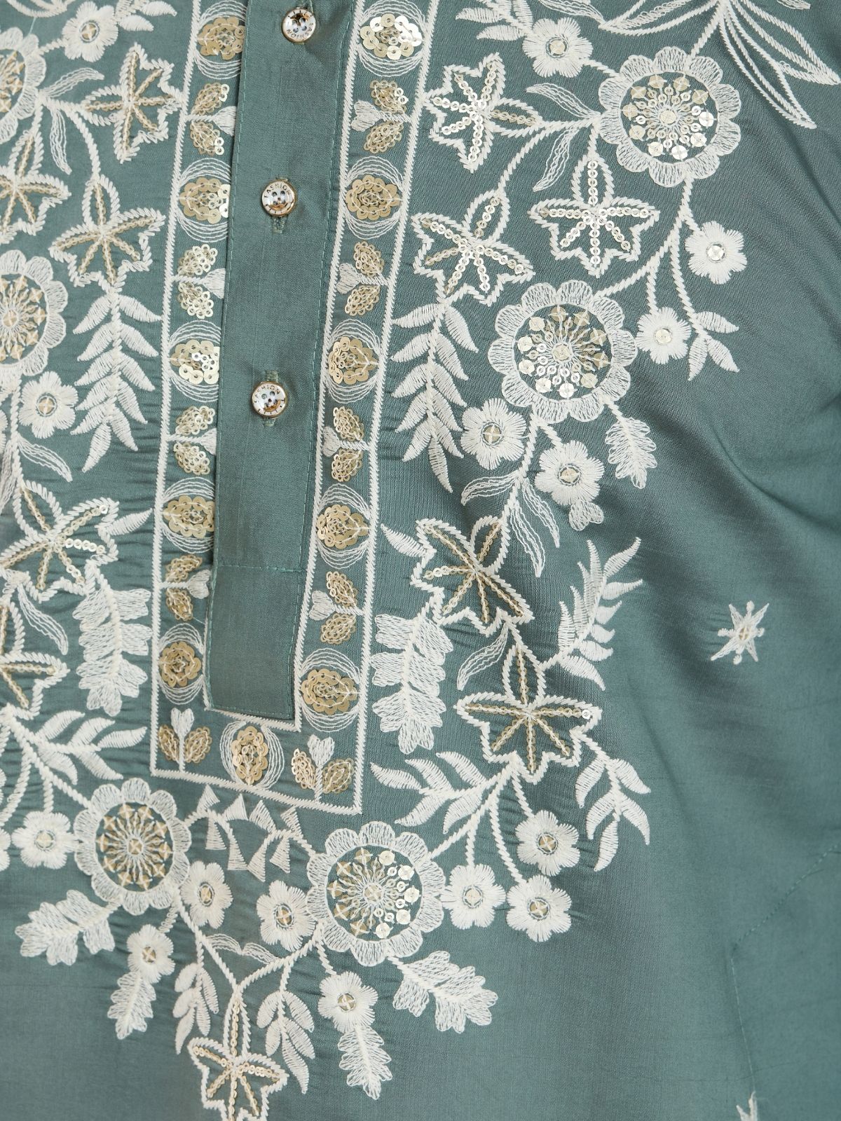 Odette Green Viscose Silk Embroidered Stitched Kurta For Men - Image 8