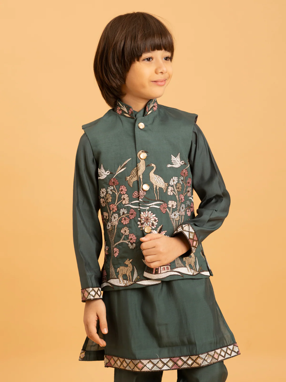 Odette Green Viscose Silk Embroidered Stitched Kurta Set For Kids - Image 5