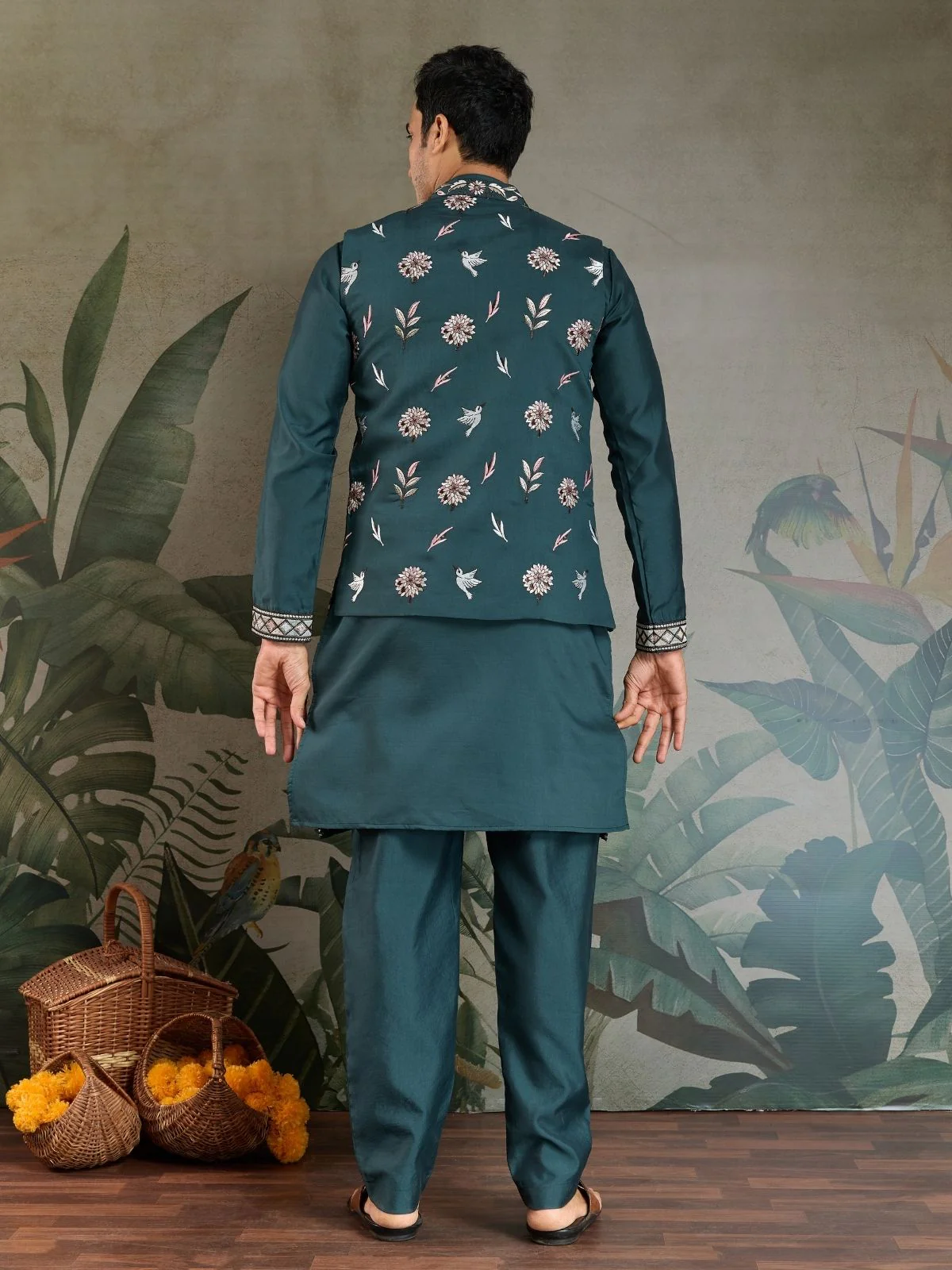 Odette Green Viscose Silk Embroidered Stitched Kurta Set For Men - Image 5