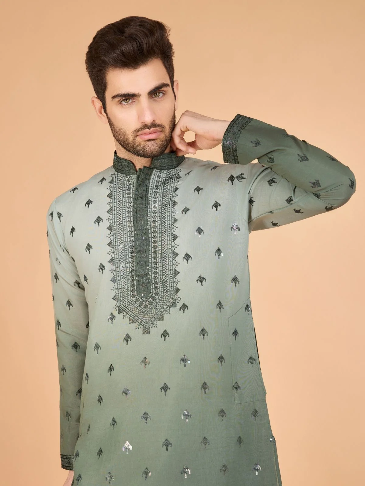 Odette Green Viscose Silk Sequins Stitched Kurta For Men - Image 5