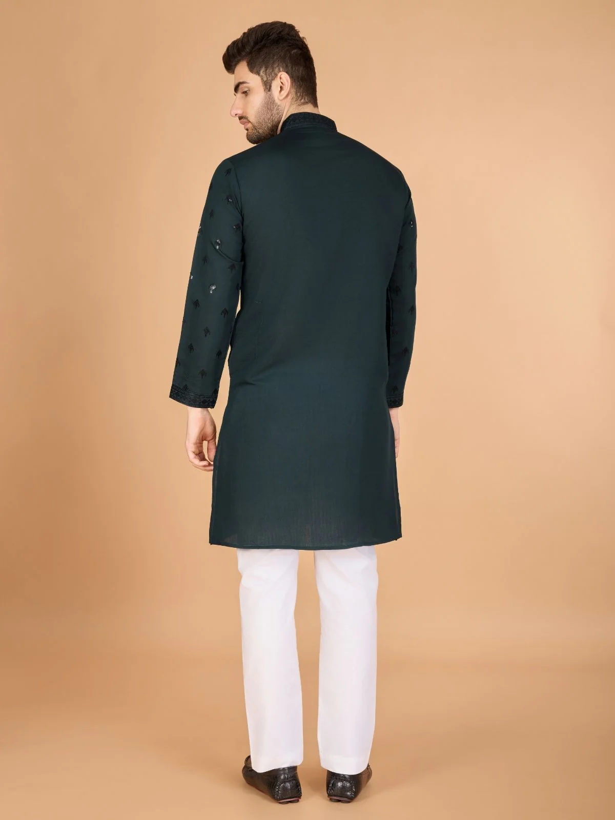 Odette Green Viscose Silk Sequence Stitched Kurta For Men - Image 5