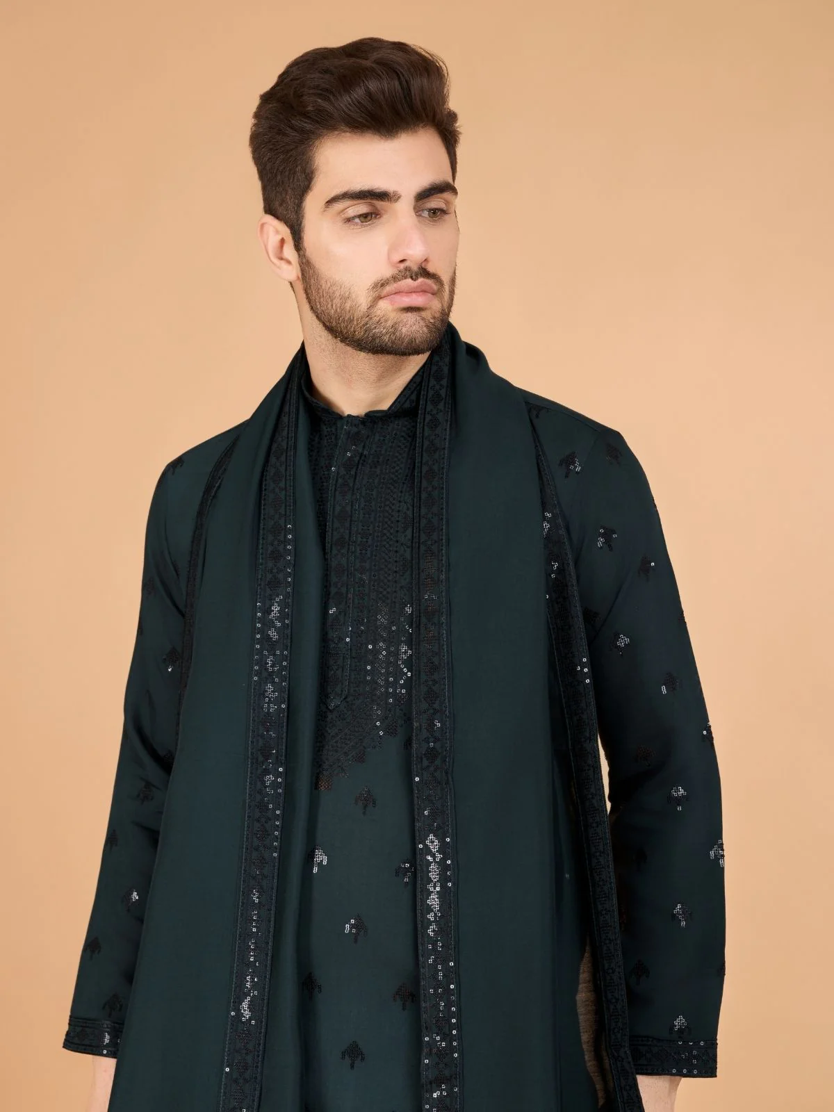 Odette Green Viscose Silk Sequence Stitched Kurta For Men - Image 6