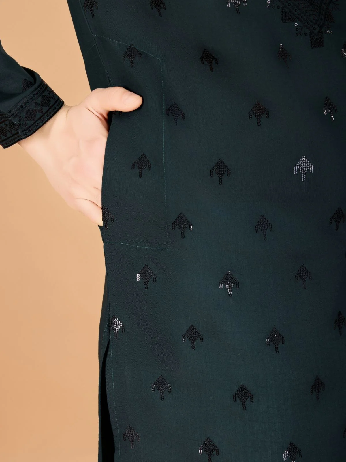 Odette Green Viscose Silk Sequence Stitched Kurta For Men - Image 7