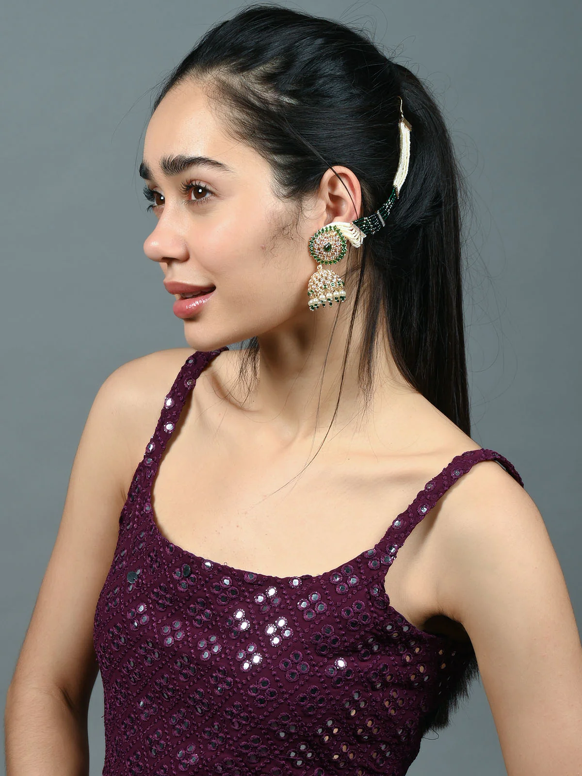 Odette Green & White Embellished Alloy Earrings For Women - Image 2