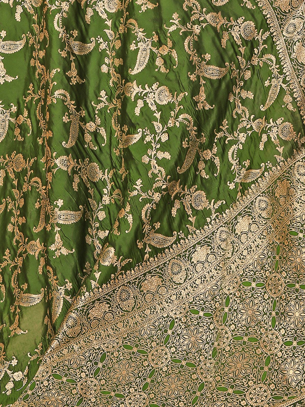 Odette Green Woven Banarasi Silk Saree With Unstitched Blouse For Women - Image 6