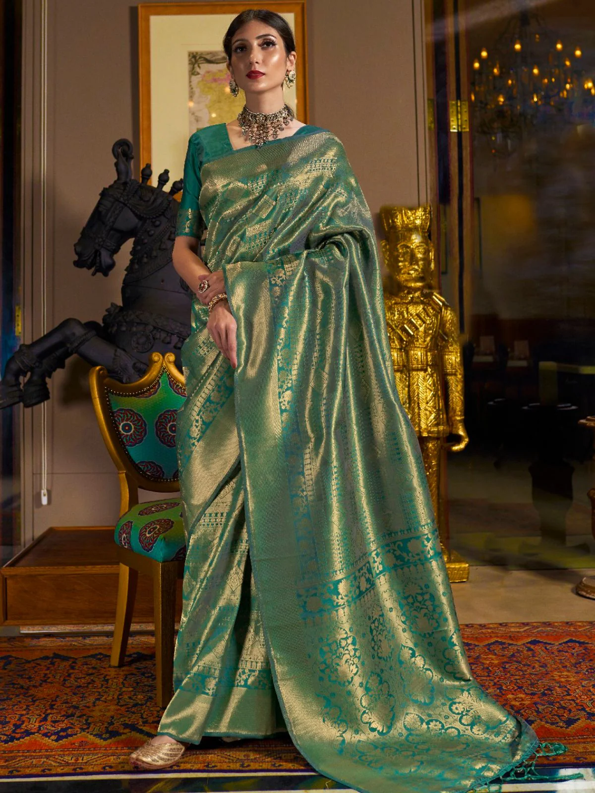 Odette Green Woven Design Silk Blend Saree With Unstitched Blouse For Women