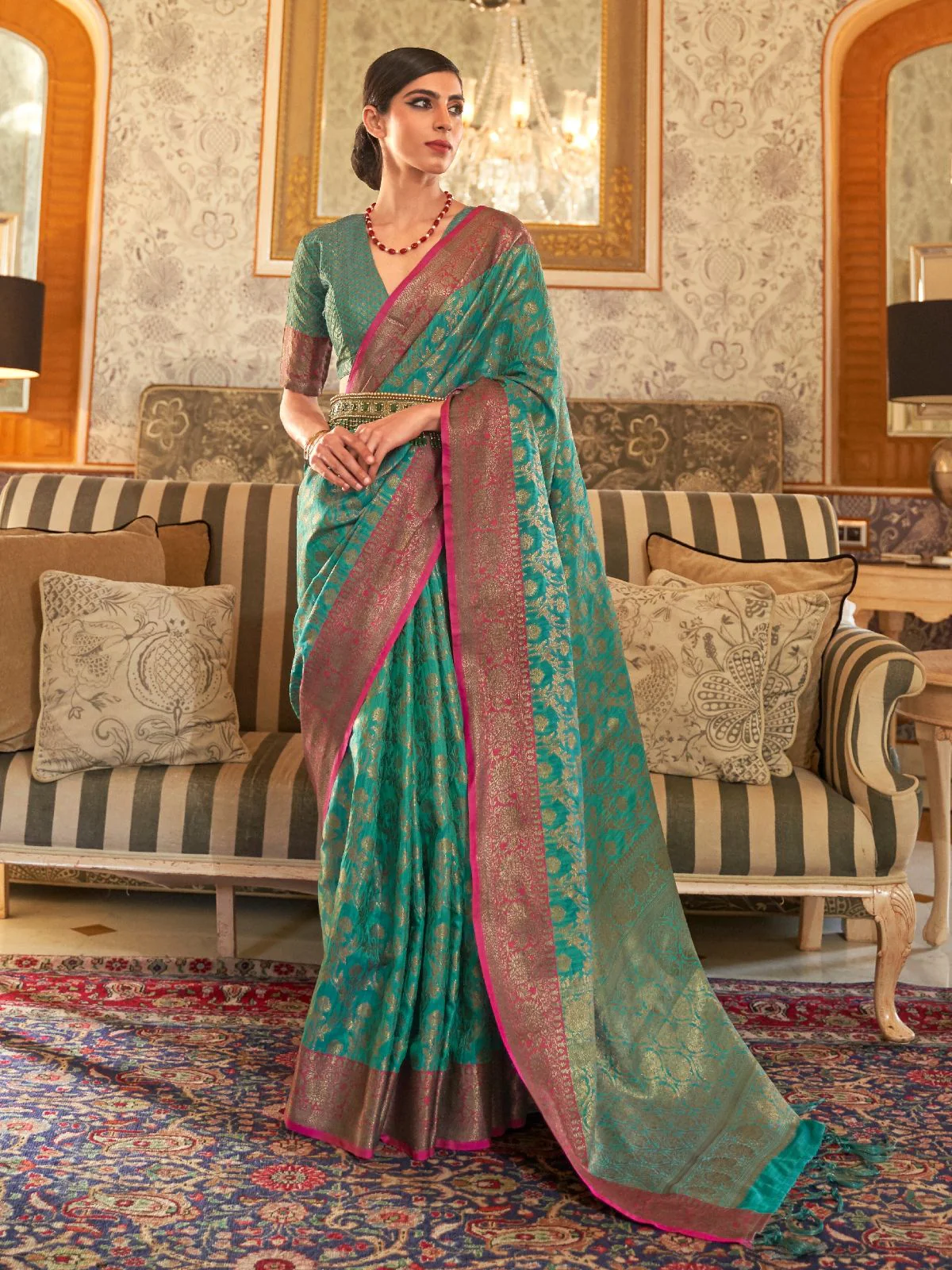 Odette Green Woven Design Silk Blend Saree With Unstitched Blouse For Women