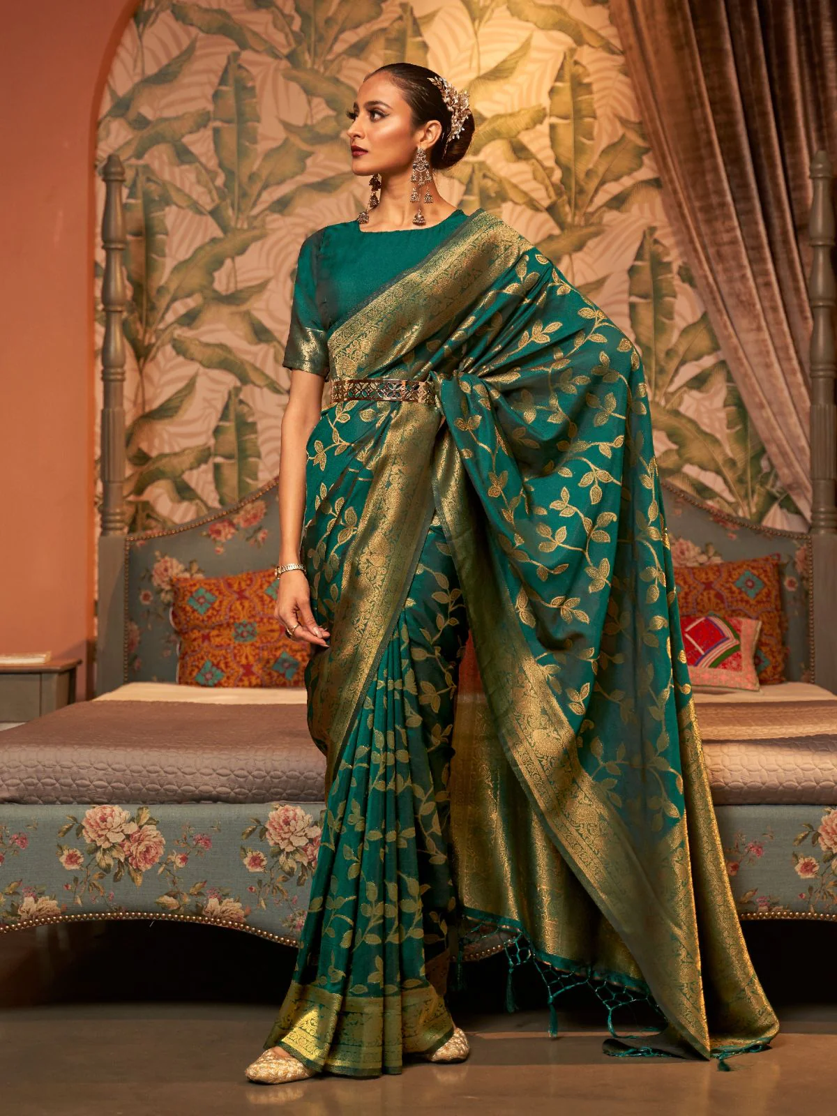 Odette Green Woven Design Silk Blend Saree With Unstitched Blouse For Women
